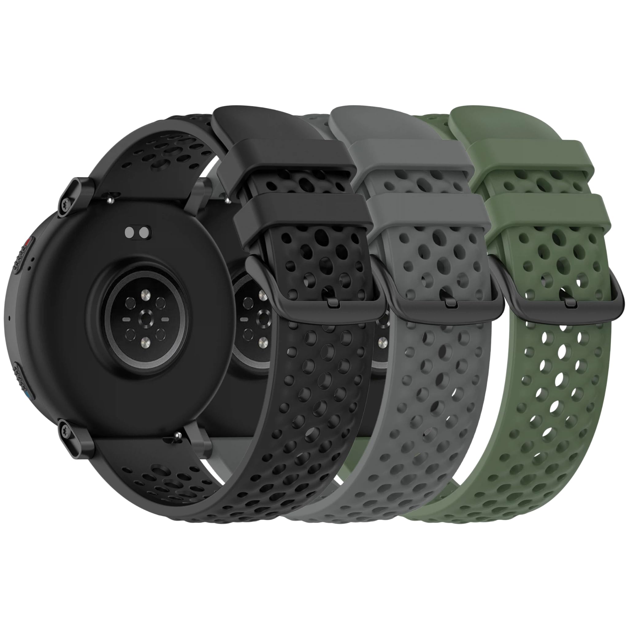 UPZOBU 3-Pack 22mm Silicone Watch Band for Amazfit Active Max Band, Quick Release Adjustable Watch Strap (Black/Space Gray/Army 