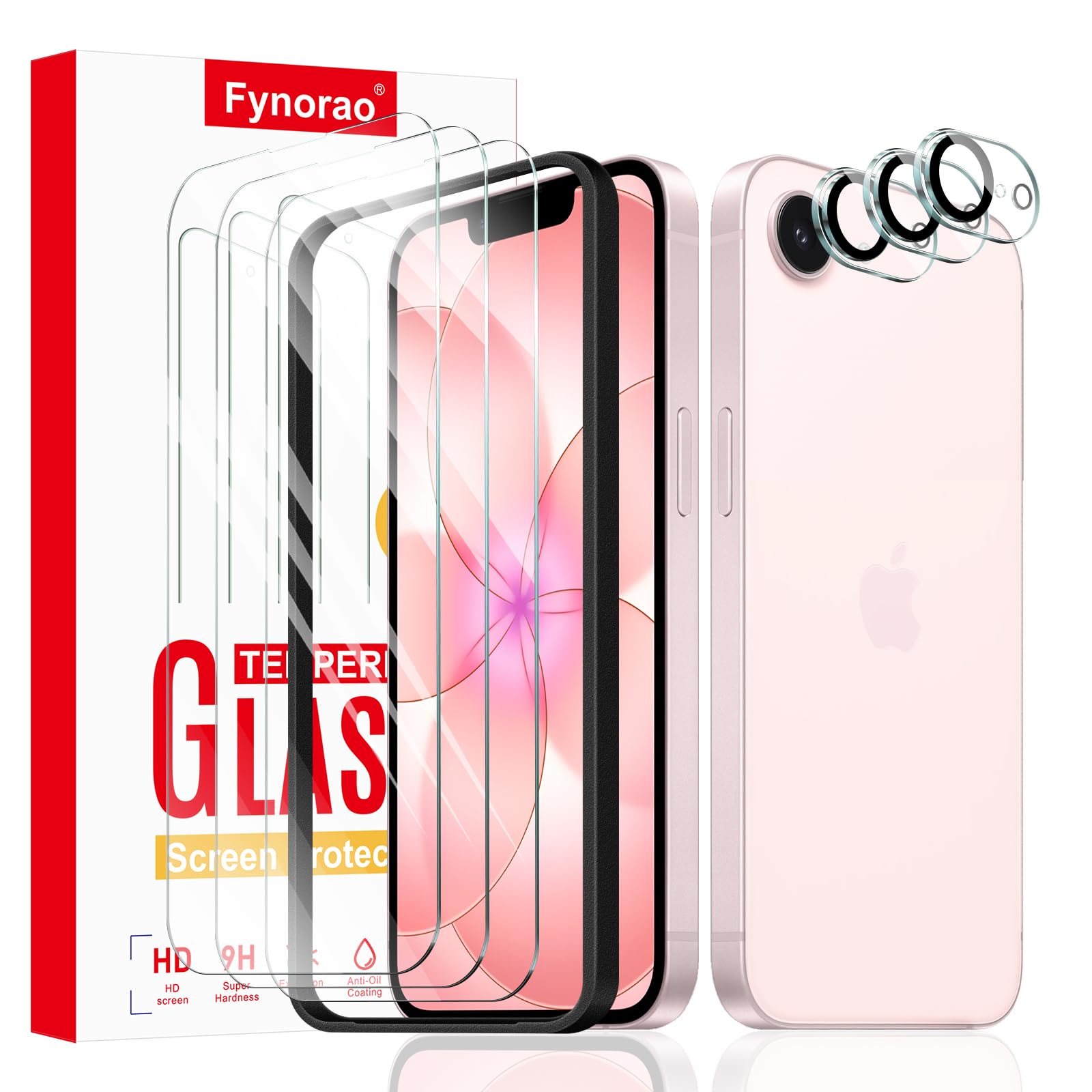Fynorao 3+3+1-Pack, Screen Protector and Camera Lens Protector for iPhone 16e/17e with Installation Alignment Aid, Tempered Glas
