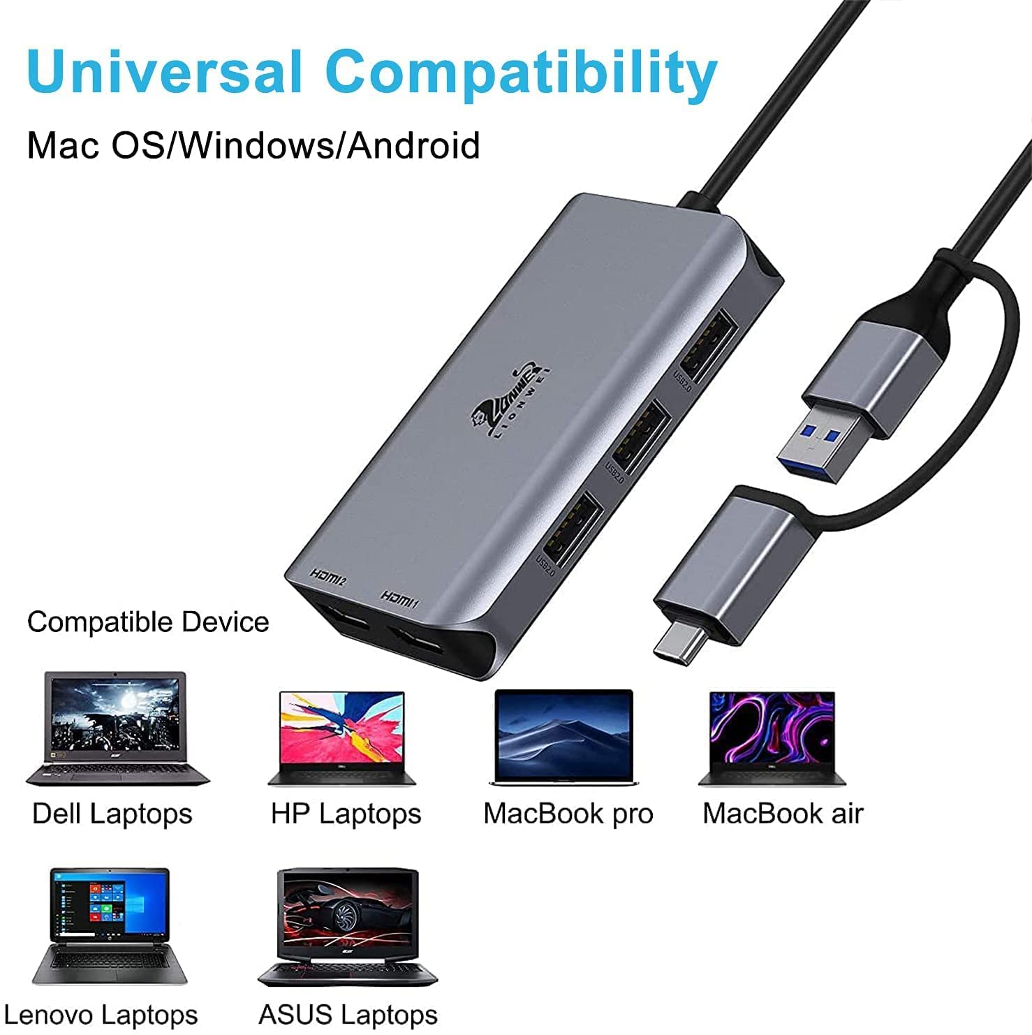 Lionwei Usb 3.0 To Dual Hdmi Docking Station For Windows & Macos, Usb C Adapter 2 Monitor Splitter For Macbook Pro/Air/M1/M2/Dell/Hp/Lenovo/Surface