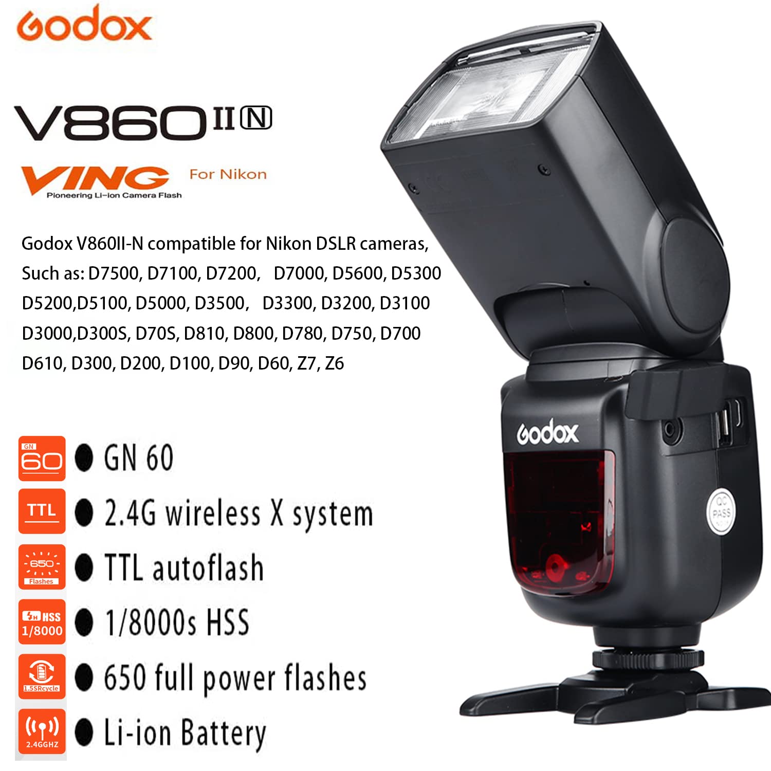 Godox V860Ii N Ttl Flash 2.4G Gn60 1/8000S High Speed Sync Speedlite 650 Full Power Flashes Compatible With Nikon D800 D700 D710