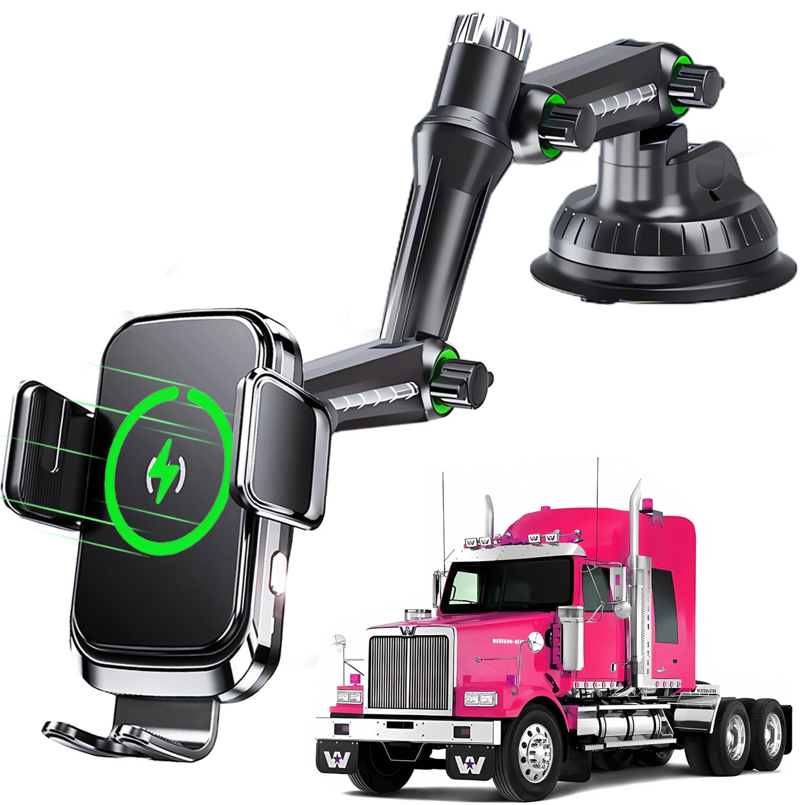 Wckesi Wireless Car Charger Phone Holder Mount For Truck,?10-Inch Long Arm ? Pickup Truck Phone Holder Qi2 15W Fast Charging Hea
