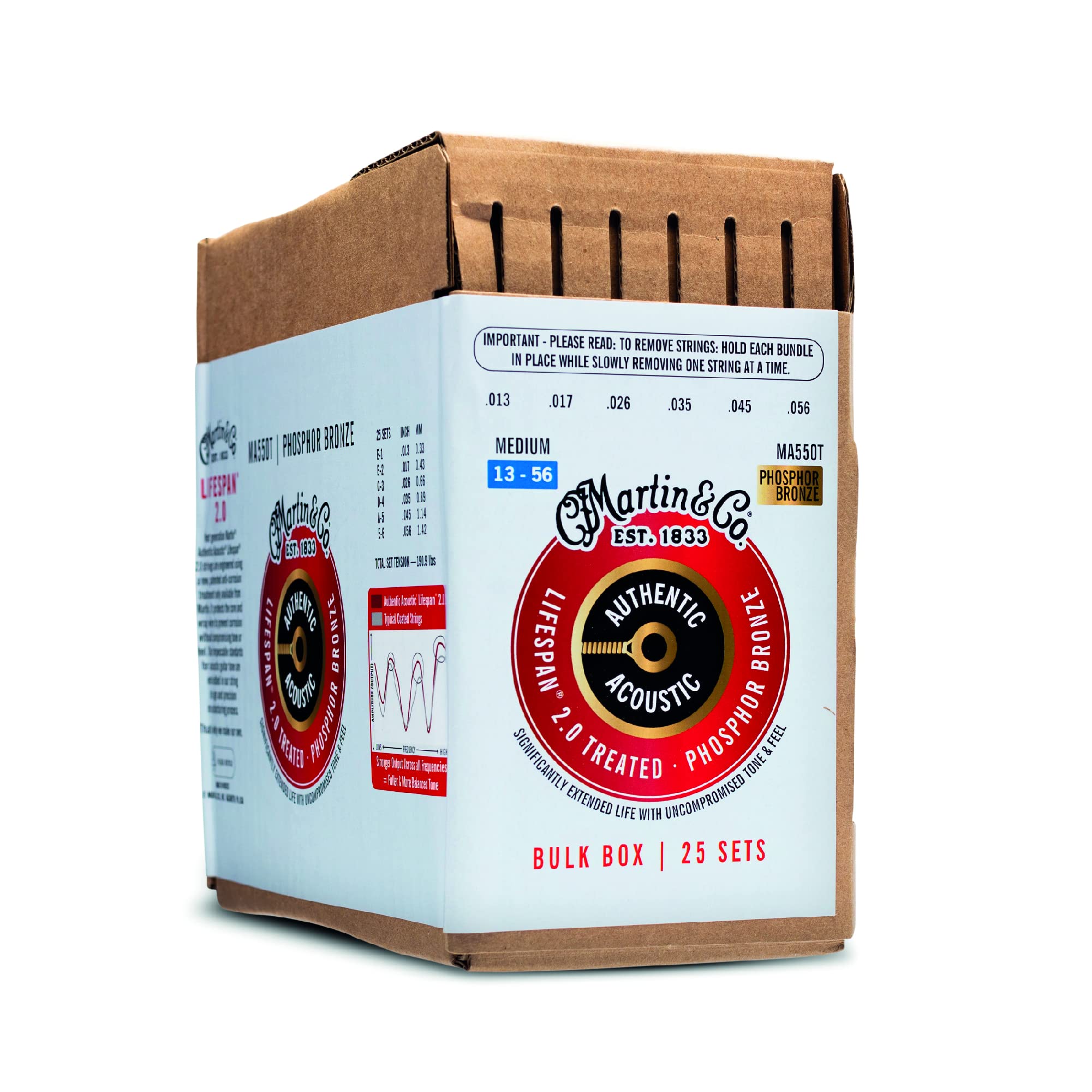 Martin Authentic Acoustic Lifespan 2.0 Guitar Strings - Phosphor Bronze, Medium Gauge, Bulk Box (25 Sets) | Bulk Box for Acousti