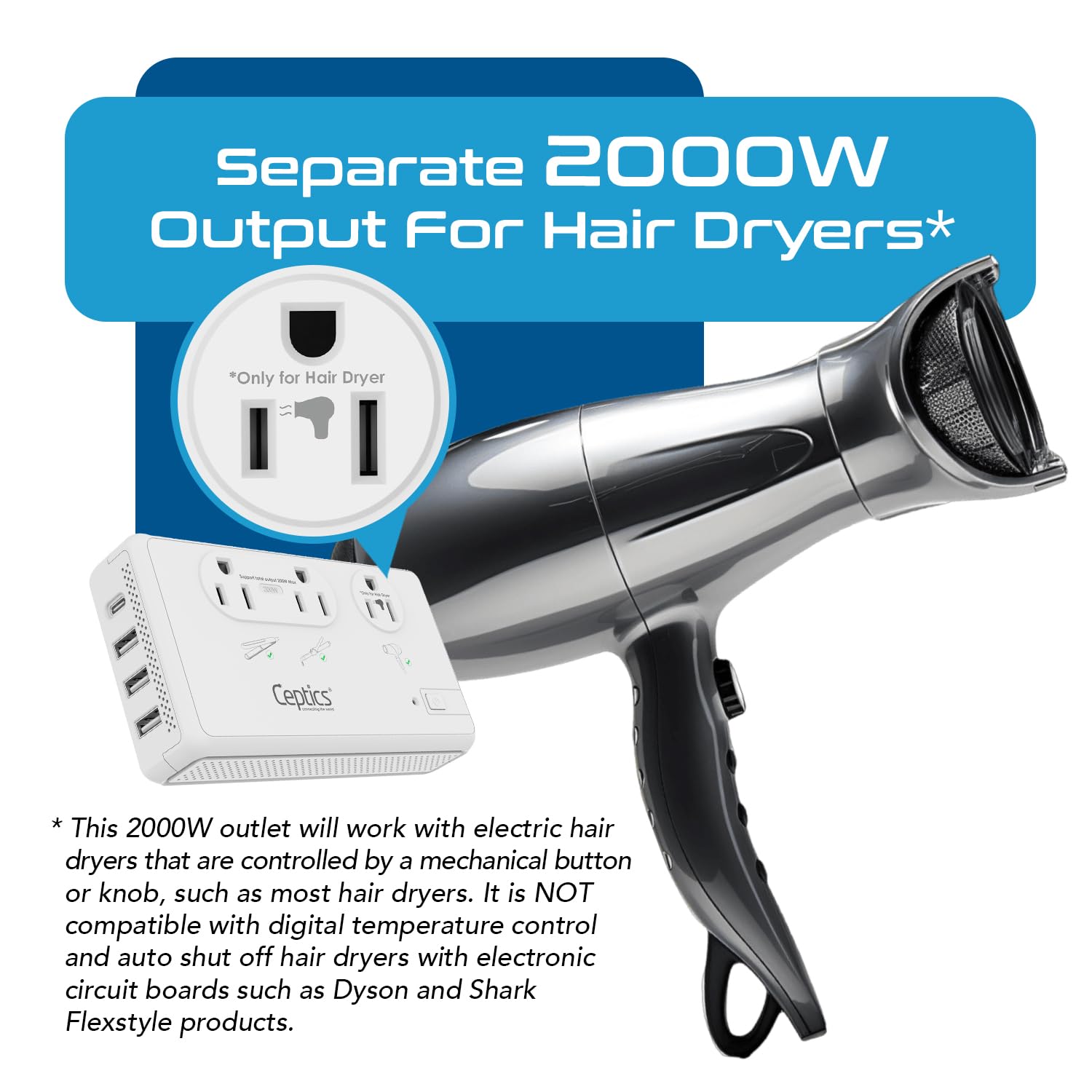 Ceptics 2000W Travel Voltage Converter For Hair Dryer & 200W Convert 220V To 110V For Curling Iron, Straightener, Chargers, Step