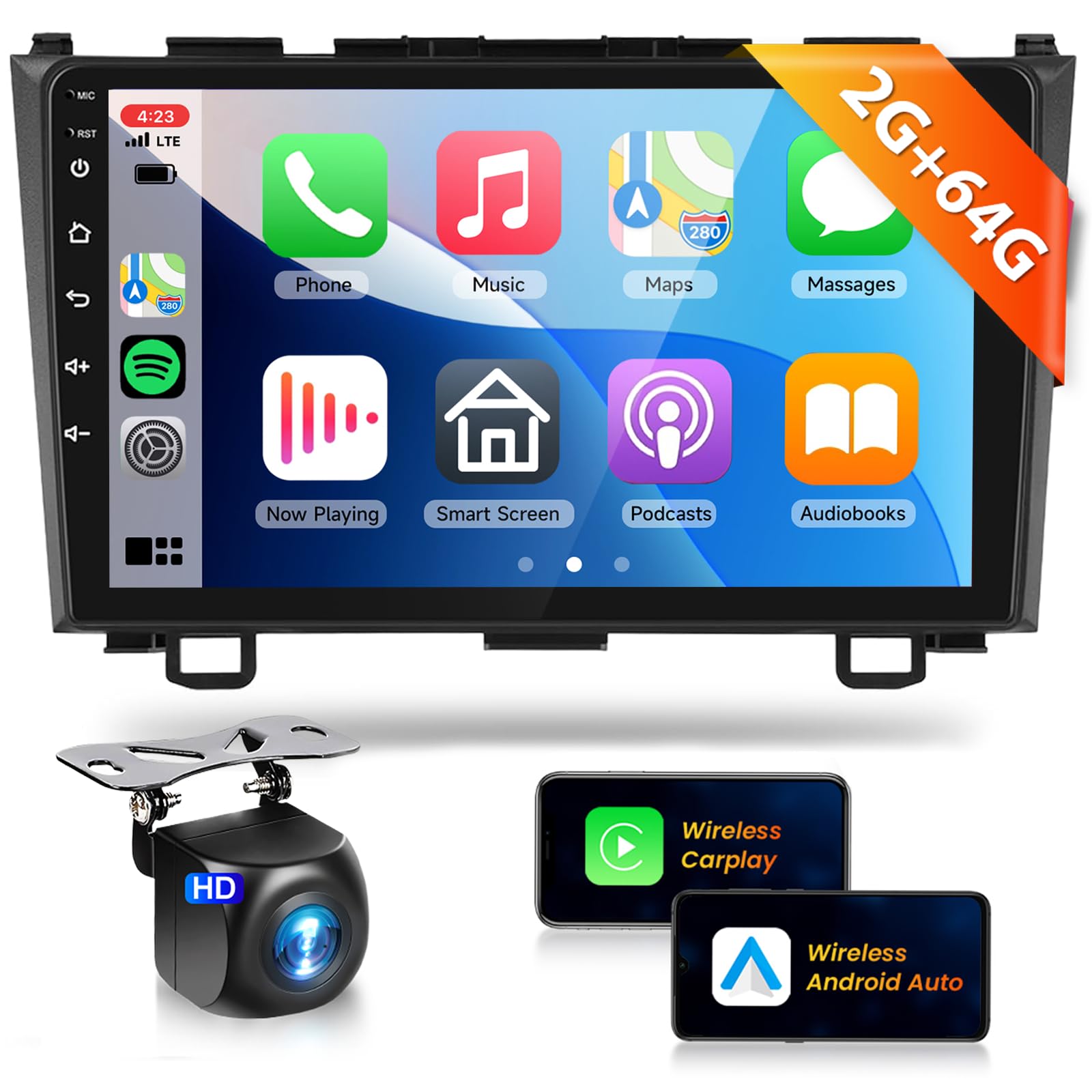 ?Hifi 16Eq? 2G+64G Radio For Honda Crv 2007 2008 2009 2010 2011 Car Stereo With Wireless Carplay Android Auto,9Inch 1080P Hd Ips Touch Screen Bluetooth Gps Wifi Rds Fm Radio Swc Ahd Backup Camera