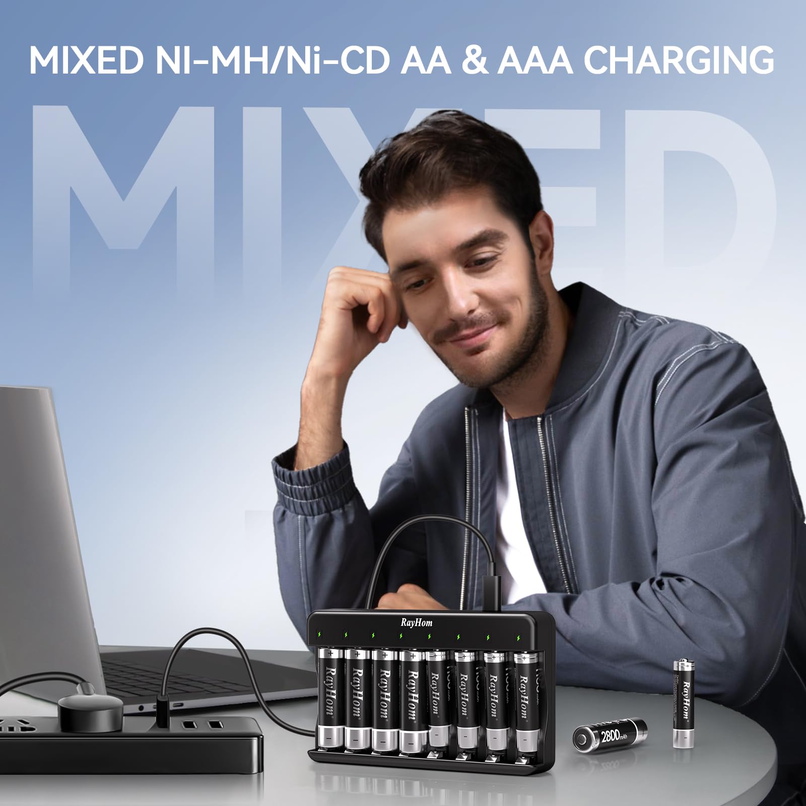 Rayhom Aa Aaa Battery Charger 2 Pack   8 Bay Smart Individual Charger For Ni Mh Ni Cd Rechargeable Batteries