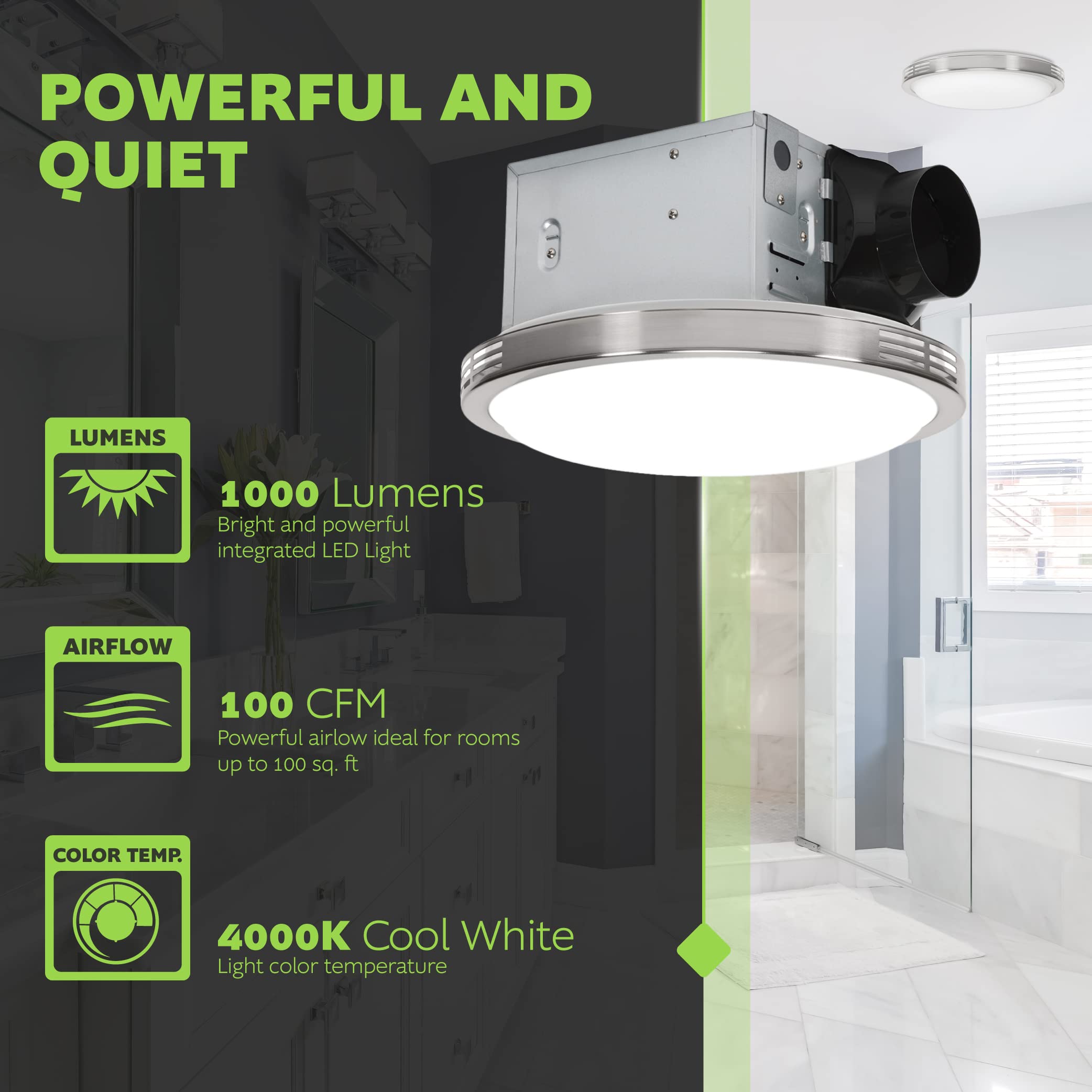 Homewerks 7105 07 Bathroom Fan With Led Light Ceiling Mount Exhaust Ventilation Silent 2.5 Sones 100 Cfm, Decorative Brushed Nic