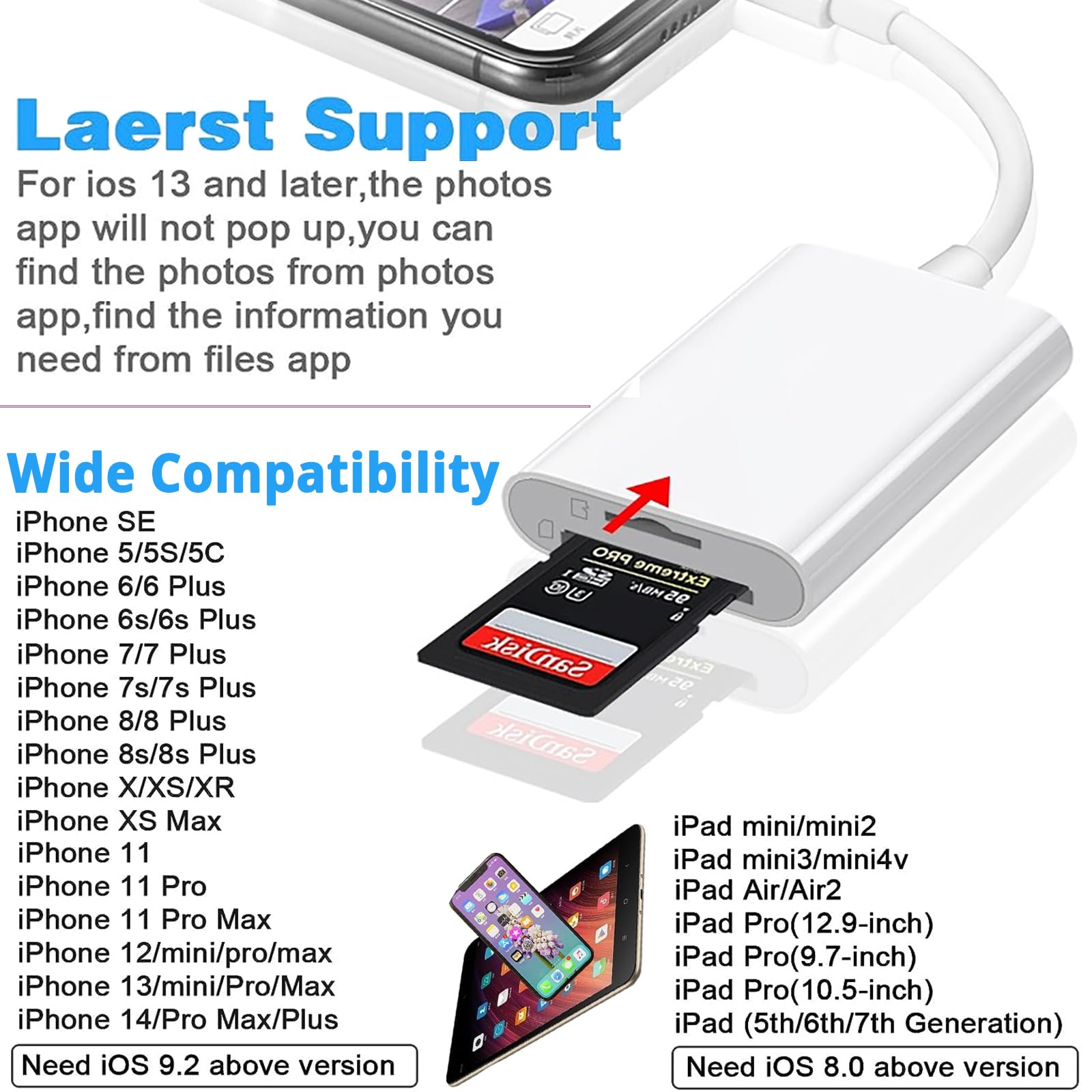 (Apple Mfi Certified) Lightning To Sd Card Camera Reader For Iphone Ipad, 2 In 1 Dual Card Slot Supports Sd And Tf Card, Portabl