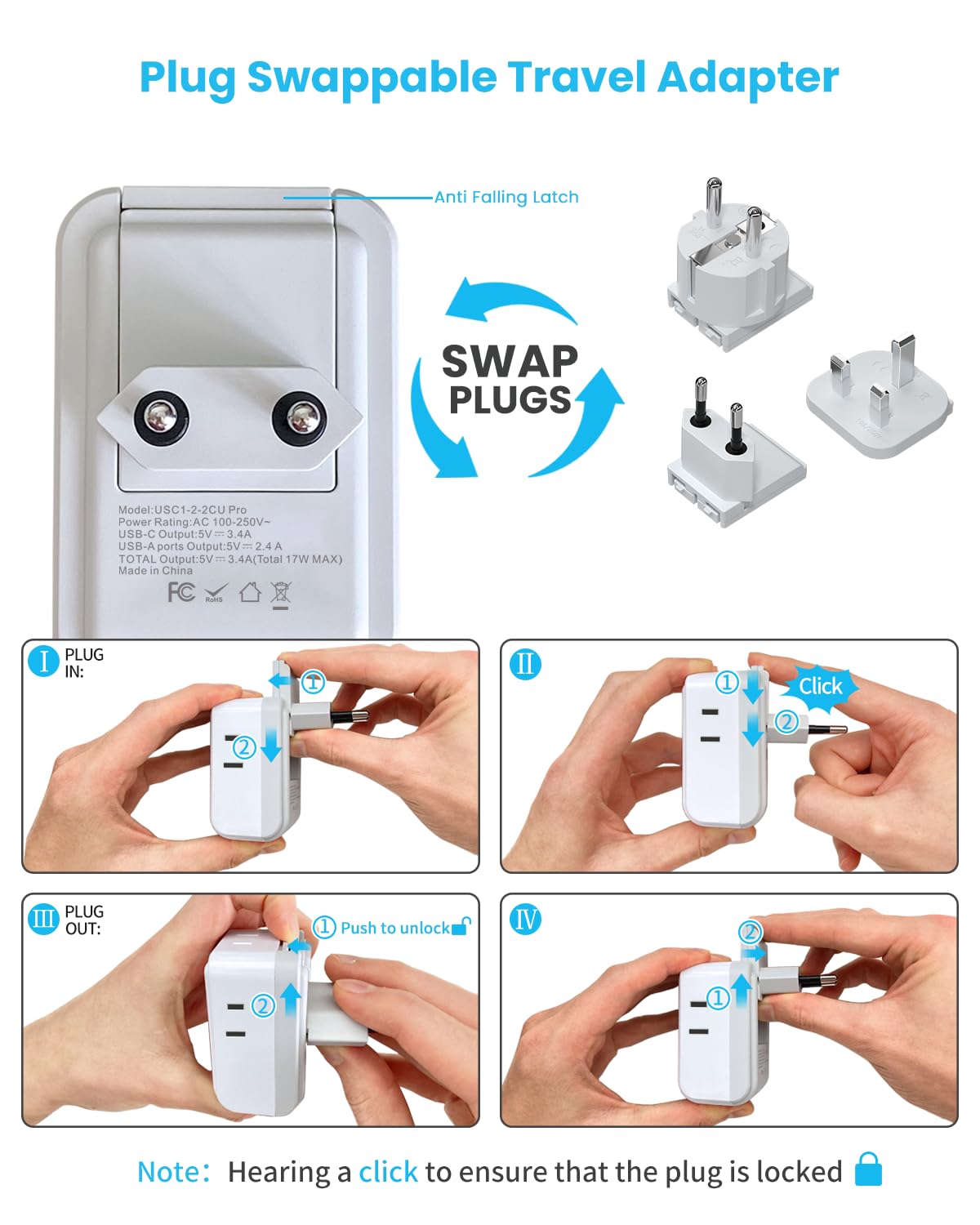 Vintar European Travel Plug Adapter Kit, Adapter For Europe Plug With 3 Usb Ports (2 Usb C) 4 Ac Outlets, Type C,G,E/F Detachabl