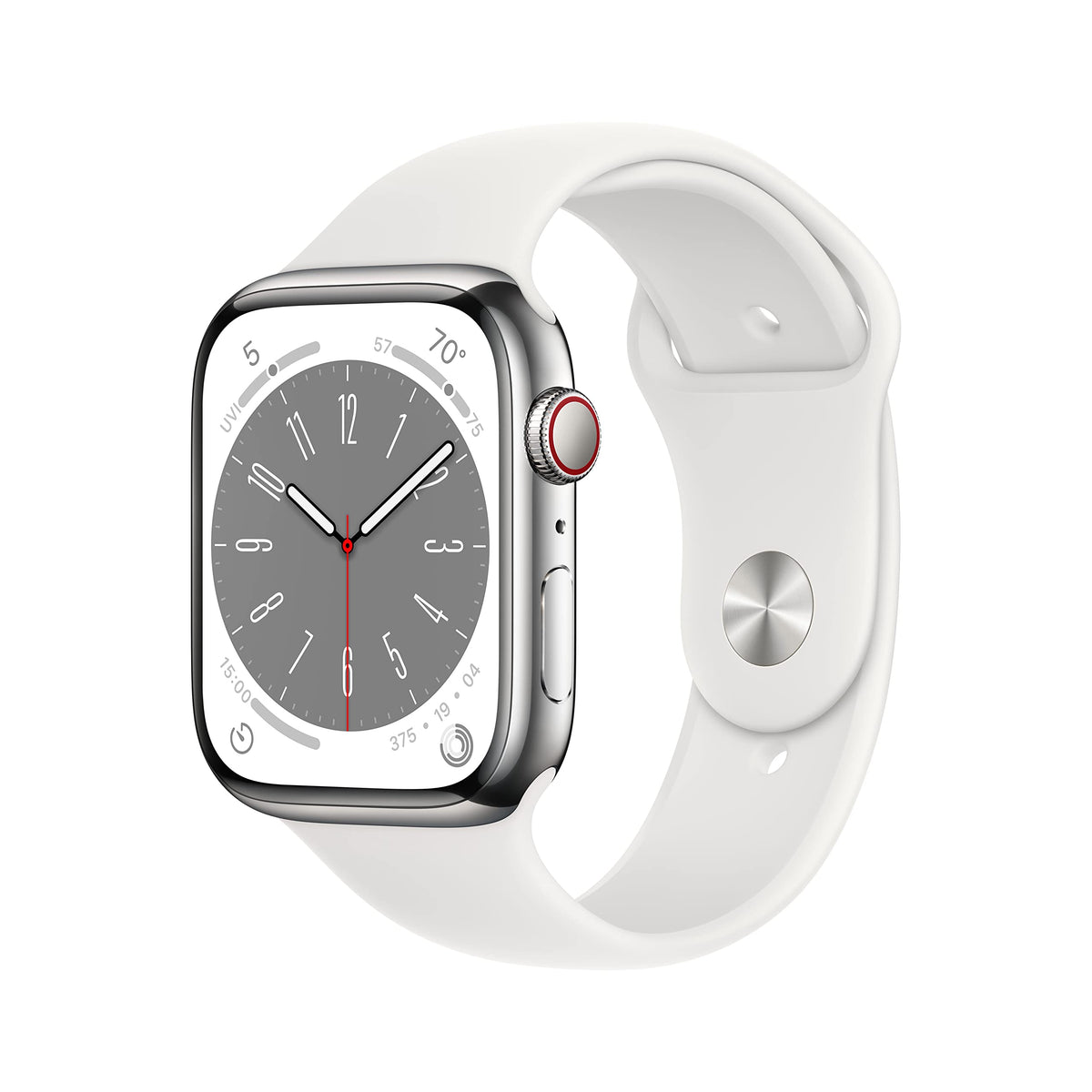 Apple Watch Series 8 [GPS + Cellular 45mm] Smart Watch w/Silver Stainless Steel Case with White Sport Band   M/L. Fitness Tracker, Blood Oxygen & ECG Apps, Always On Retina Display, Water Resistant