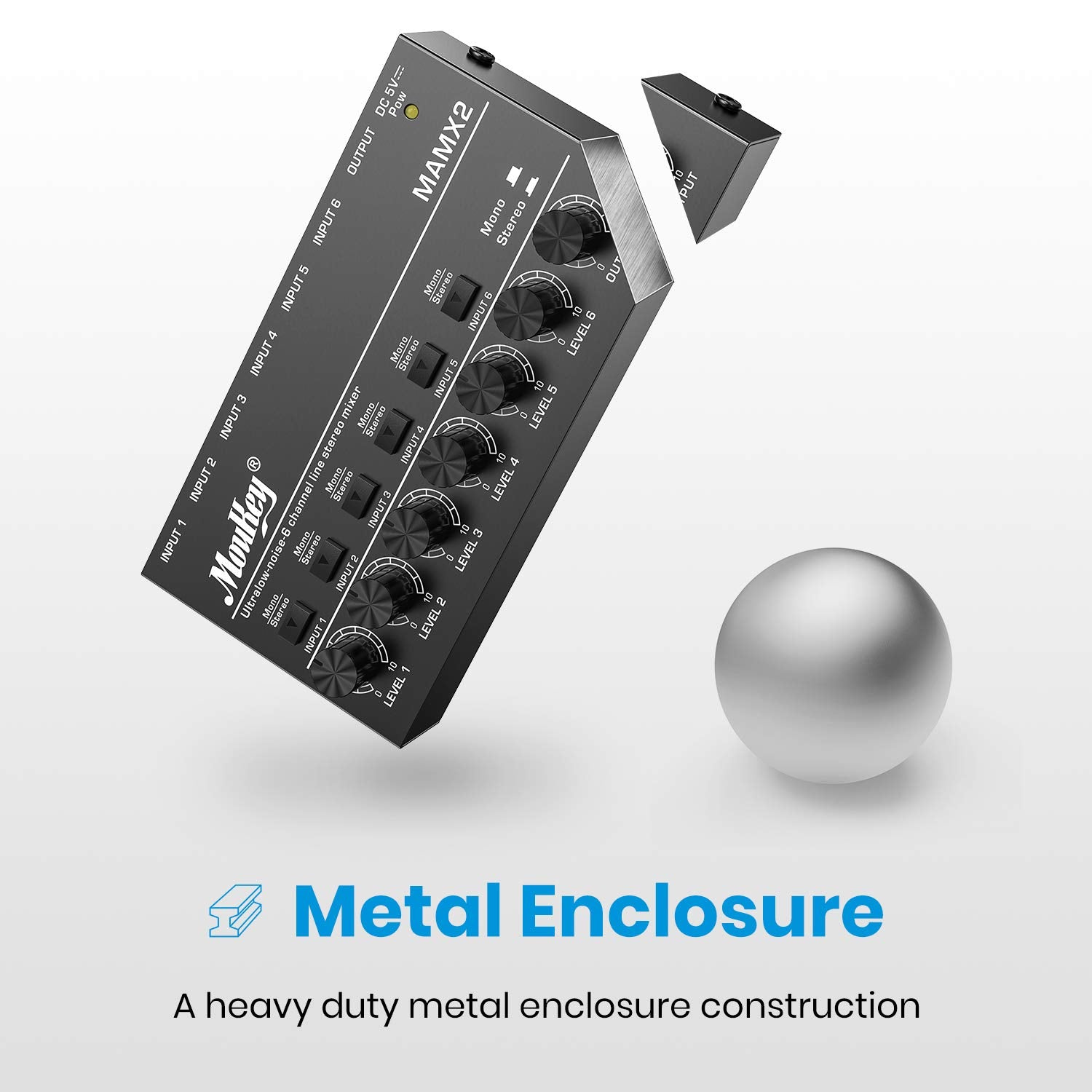 Moukey Audio Mixer Line Mixer, Dc 5V, 6 Stereo Ultra, Low Noise 6 Channel For Sub Mixing, Ideal For Small Clubs Or Bars, As Guitars, Bass, Keyboards Mixer, 2021 New Version Mamx2