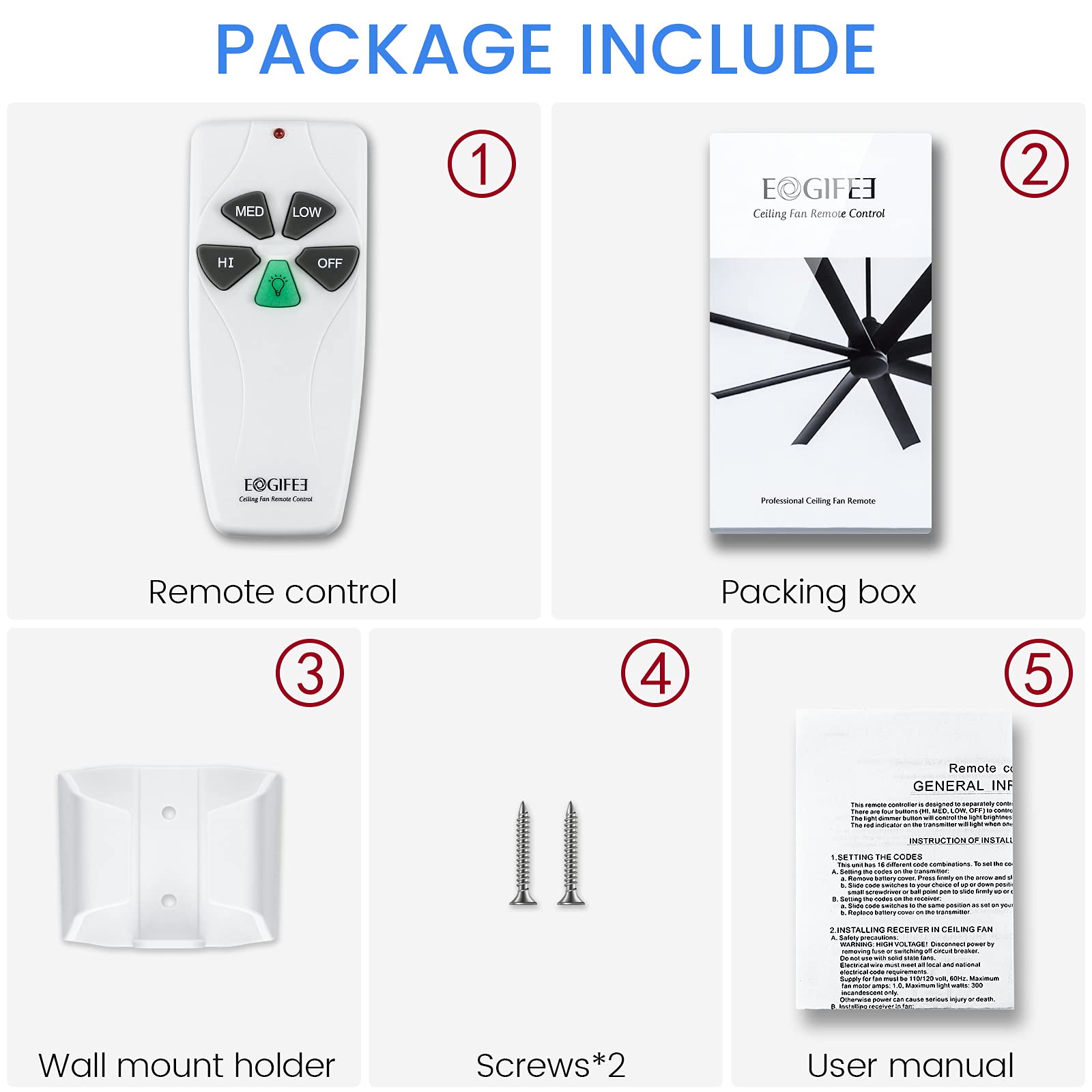 Eogifee 53T Ceiling Fan Remote Control Adjustable 3 Speed,Light Dimmer Control Replacement Of Hampton Bay Harbor Breeze Hunter K