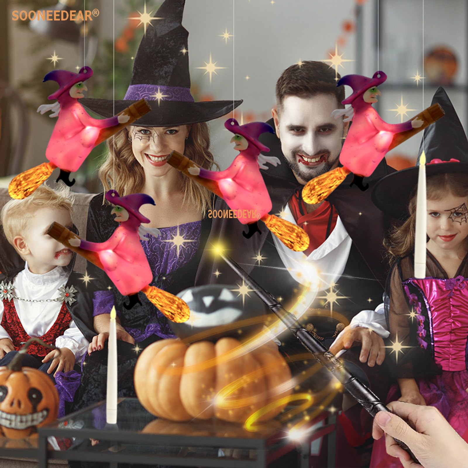 Sooneedear Harry Flameless Potter Candles With Witch Flying On Broomsticks, Hanging Led Night Light Remote By Magica Wand, Hallo