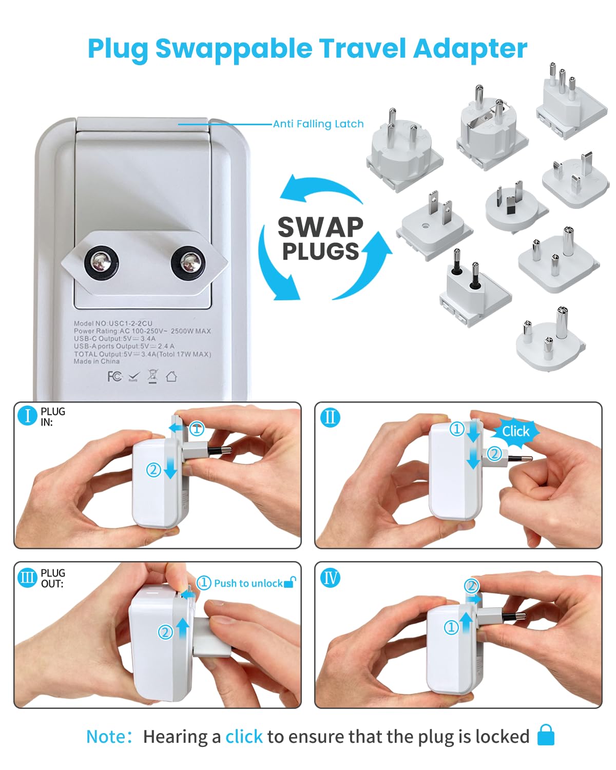 Vintar Universal Travel Adapter Kit, International Power Adapter With 3 Usb Ports (2 Usb C, 3.4A) And 2 Ac, Type A,C,D,E/F,G,H,I
