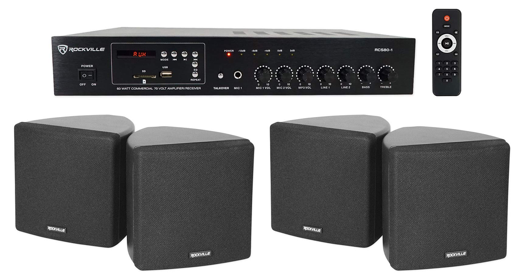 Rockville Commercial Restaurant Bluetooth Amplifier+(4) 3.5 Black Cube Speakers
