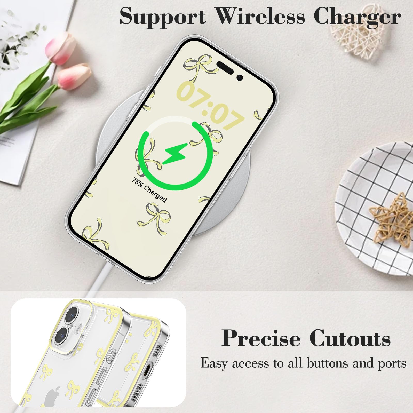 Eyzutak Case For Iphone 16, Clear Cute Ribbon Bowknot Pattern Aesthetic Transparent Phone Case Raised Camera Protection Stylish