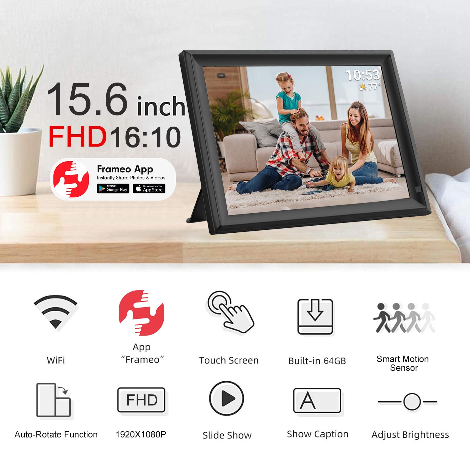 64Gb 15.6Inch Frameo Digital Photo Frame With 1920X1080 Fhd Ips Lcd Touch Screen, Dual Wifi Share Photos & Videos Via Frameo App