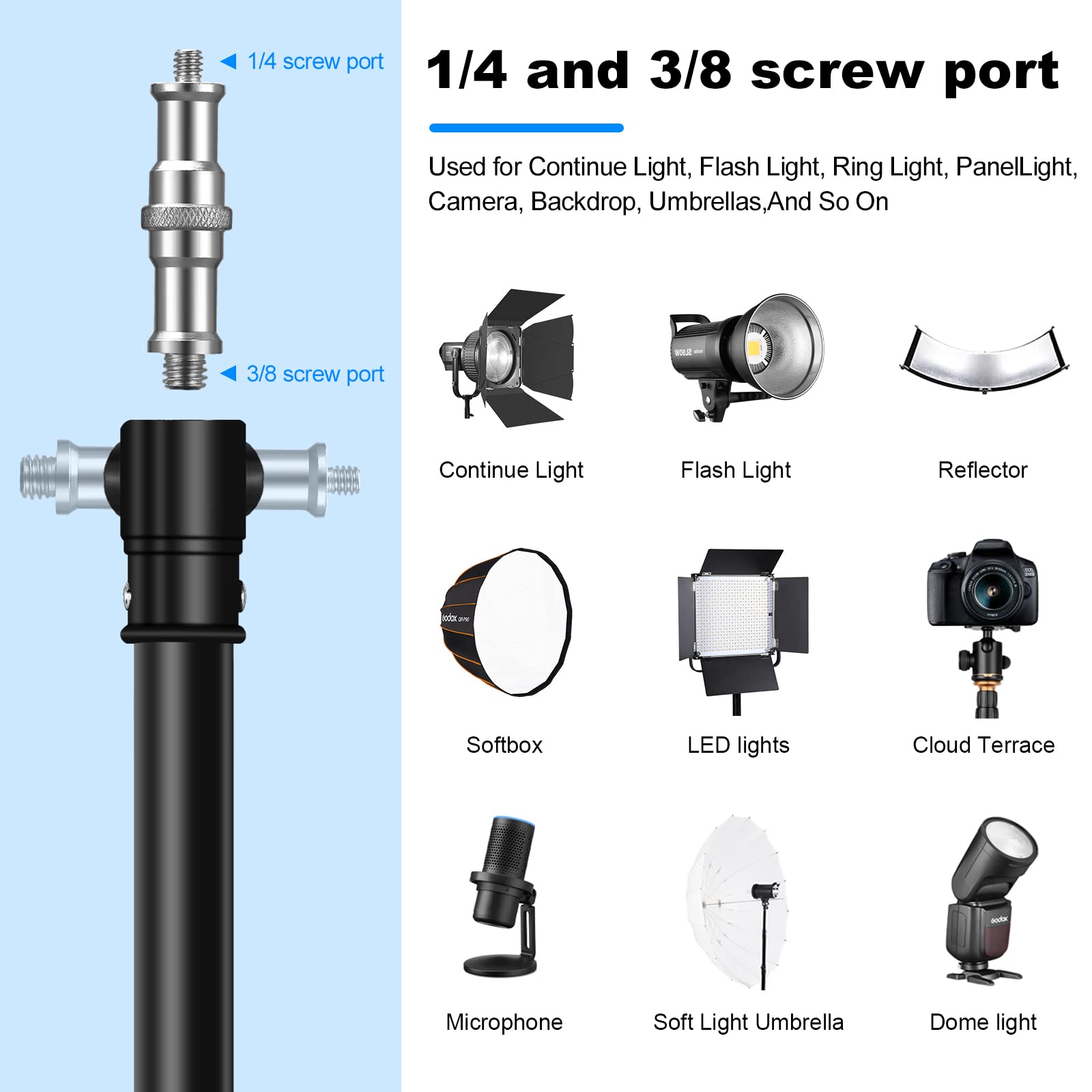 Heavy Duty Light Stand 9.8Ft /3M Photography Tripod Light Stand Metal Adjustable Spring Cushioned With Carry Bag 1/4    To 3/8