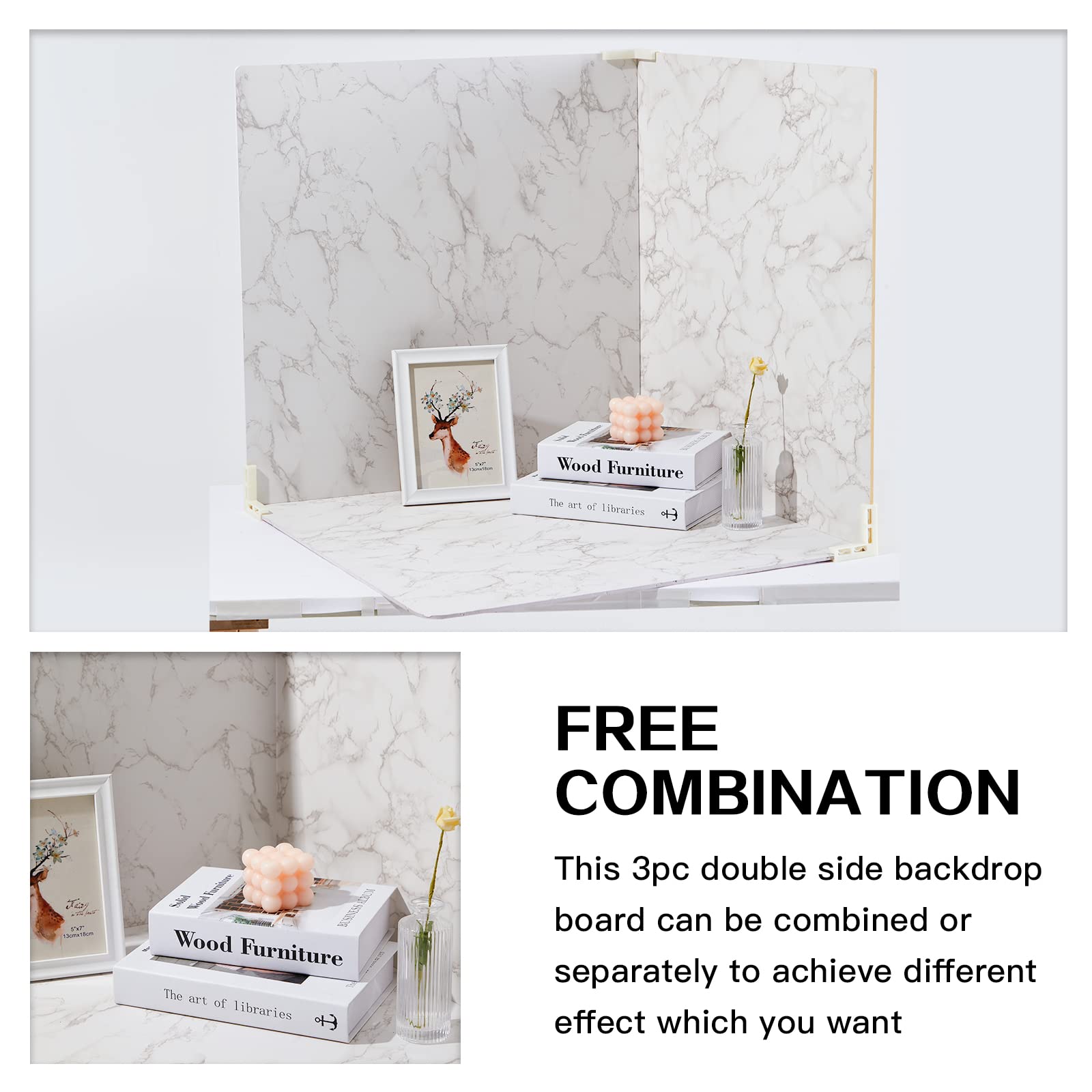 Beiyang Food Photography Backdrops 24X24 Inch Marble Photo Backdrop Boards 3Pcs White Photography Backdrop Boards With 3 Bracket