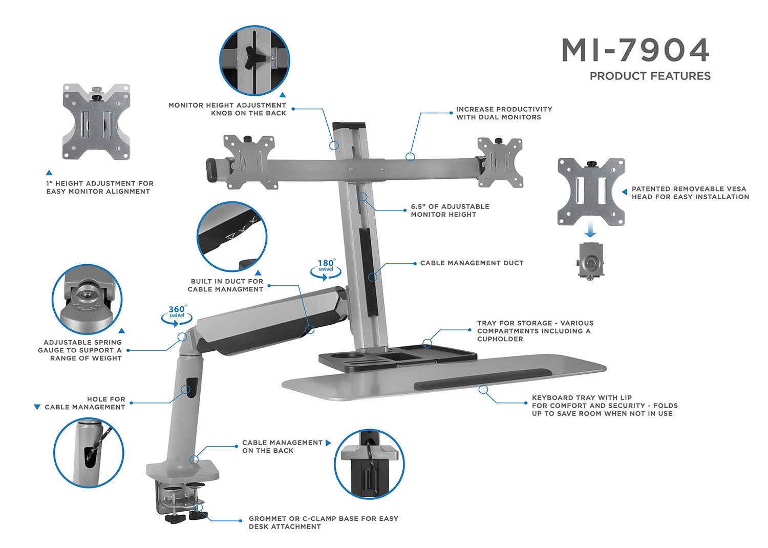 Mount It! Stand Up Workstation with Dual Monitor Mount   Standing Desk Converter with Height Adjustable Keyboard & Counterbalance Monitor Arm
