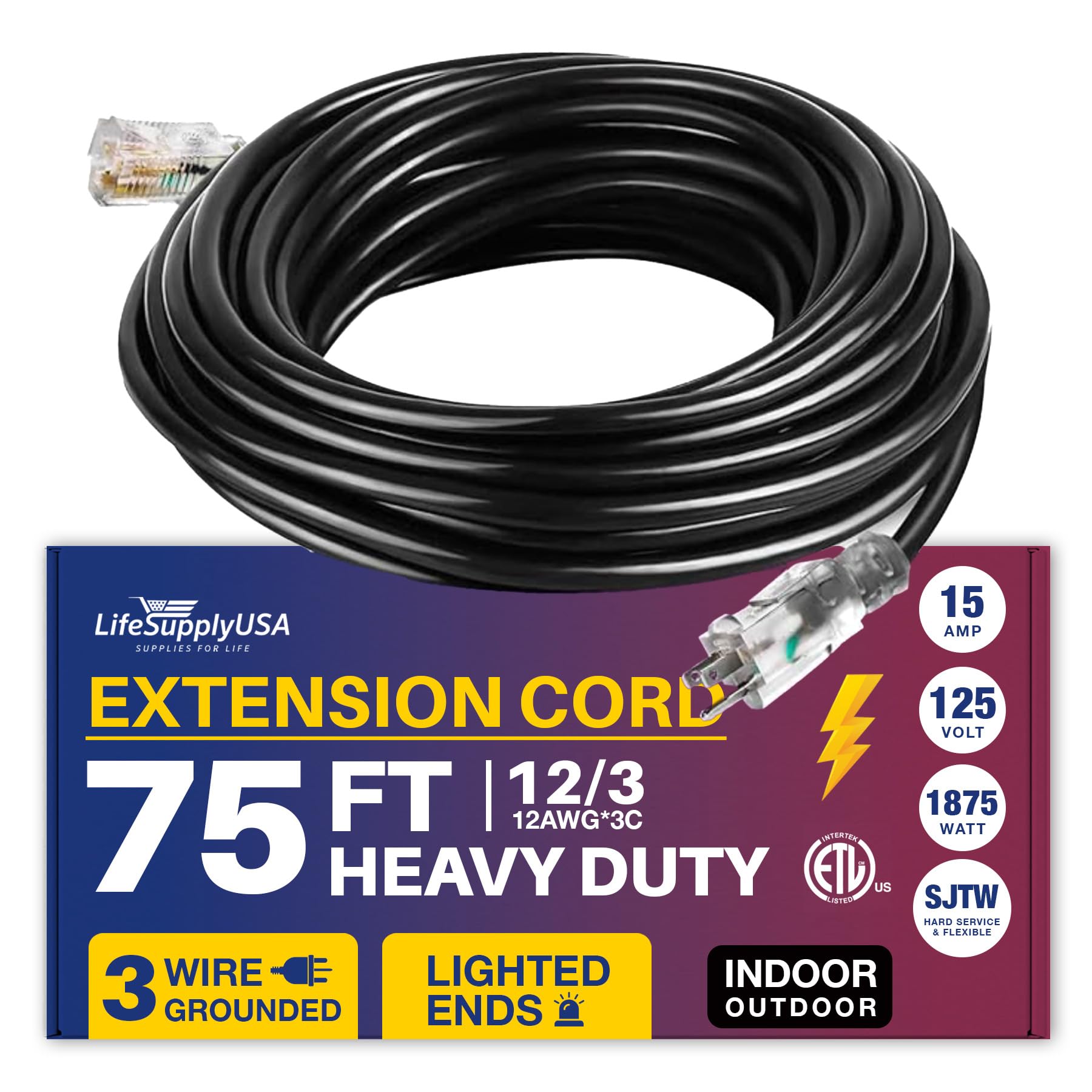 75 Ft Power Extension Cord, Indoor Outdoor, Heavy Duty, 3 Prong Sjtw, 12 Gauge, Lighted End, Extra Durability, 15 Amp 125 Volts