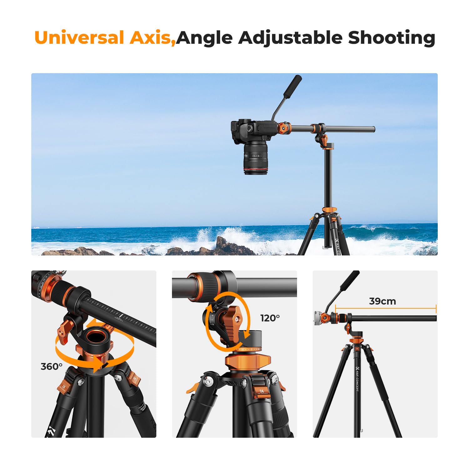 K&F Concept 90 Inch/230Cm Overhead Camera Tripod, Horizontal Shooting Video Tripods With Fluid Head Heavy Duty 10Kg Load Capacity, Detachable Monopod, For Indoor And Outdoor Use T254A7+Fh 03