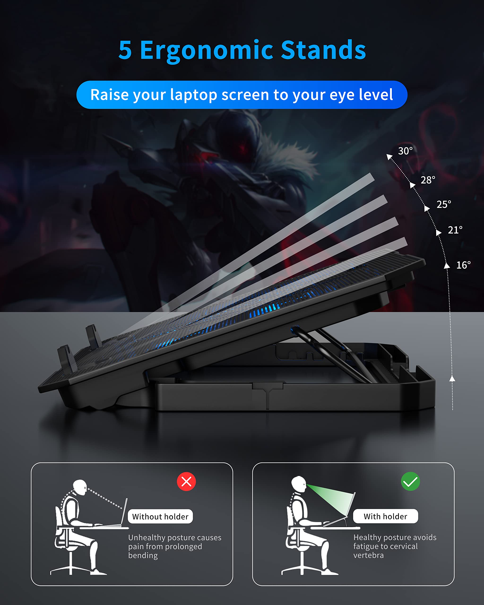 Aicheson Laptop Cooling Pad For 12 15.6 Inch, 6 Cooler Fans With Blue Lights, Laptop Cooling Stand With 2 Usb Ports (Blue)