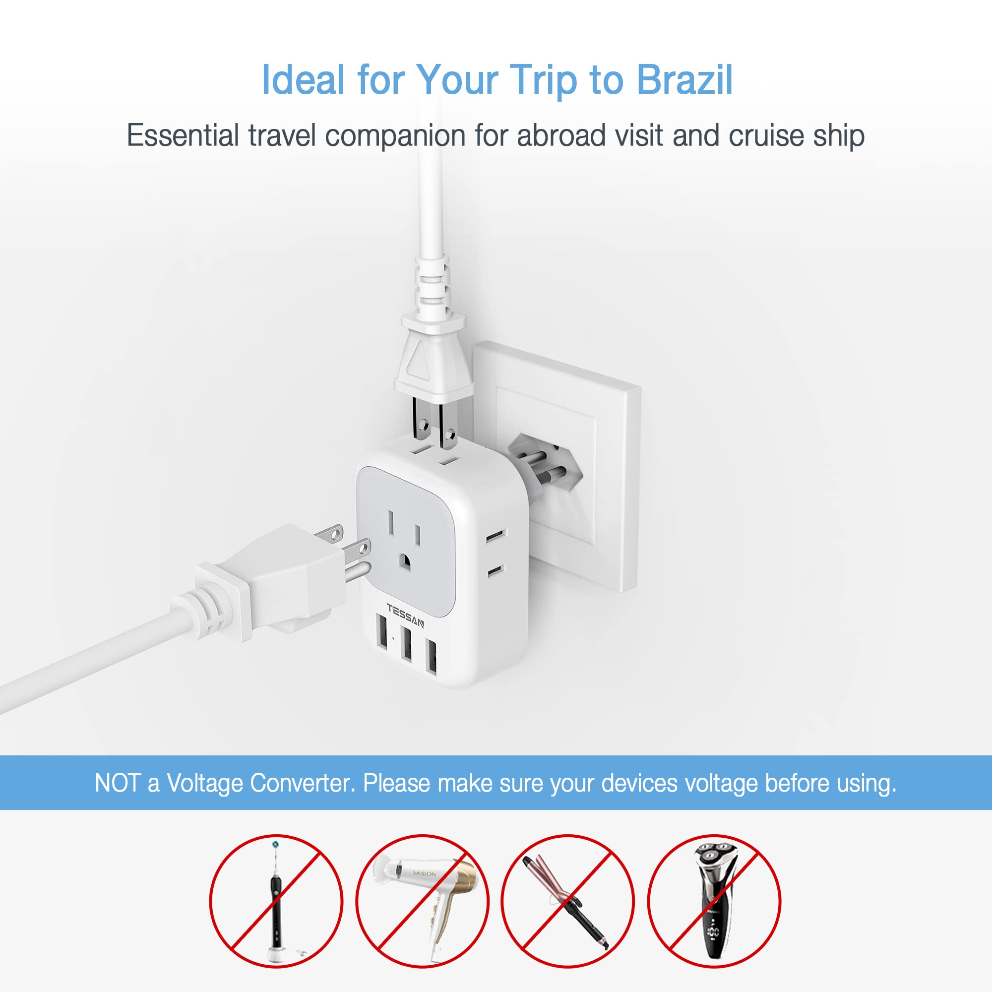 Tessan Brazil Plug Adapter, Us To Brazil Power Adapter With 4 American Outlets And 3 Usb Charging Ports, Type N Travel Adaptor F