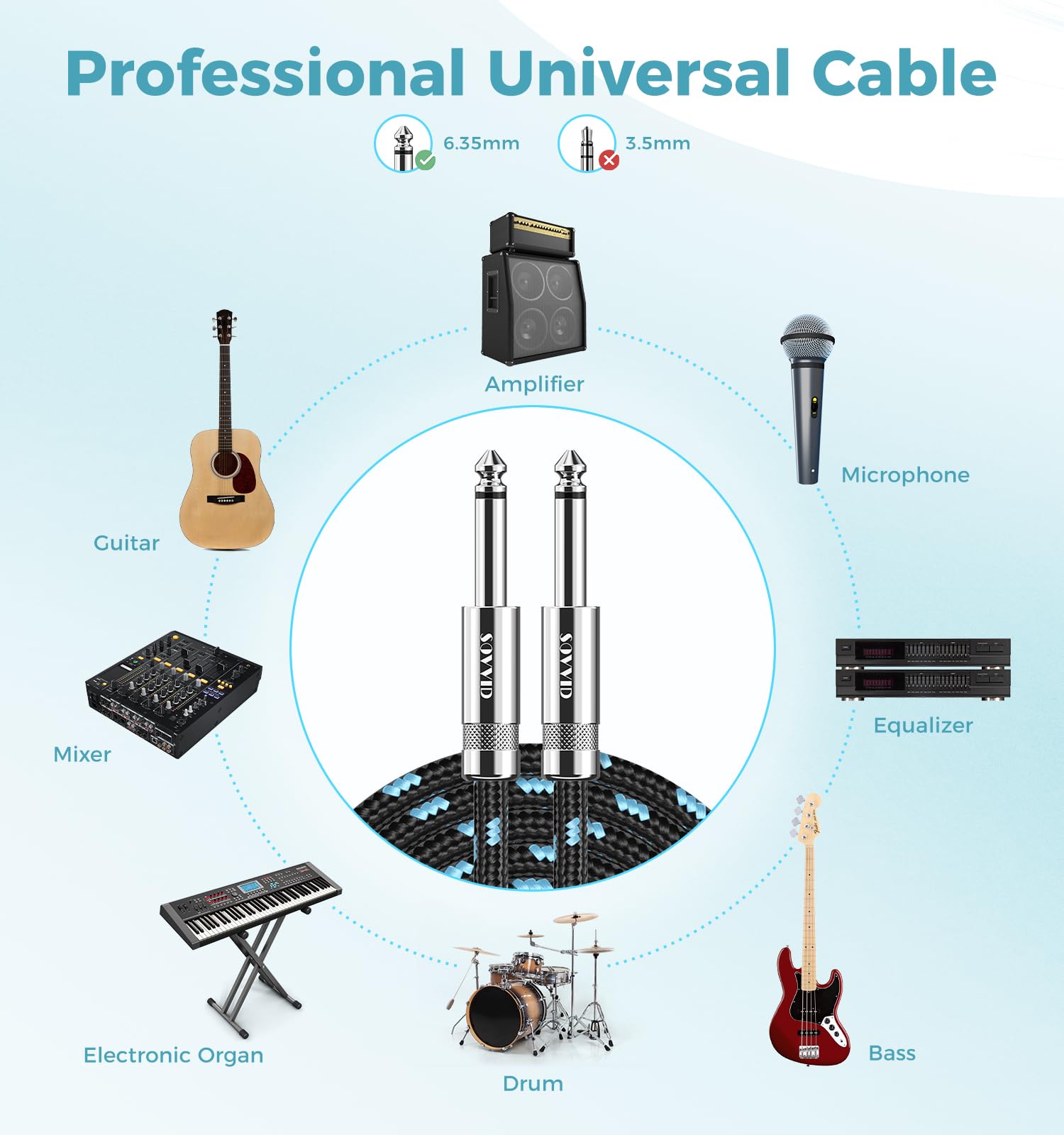 Sovvid 2 Pack Guitar Cable 10Ft   Straight Instrument Cable Quarter Inch Cable Electric Guitar Cord 1/4 Guitar Cables Guitar Amp