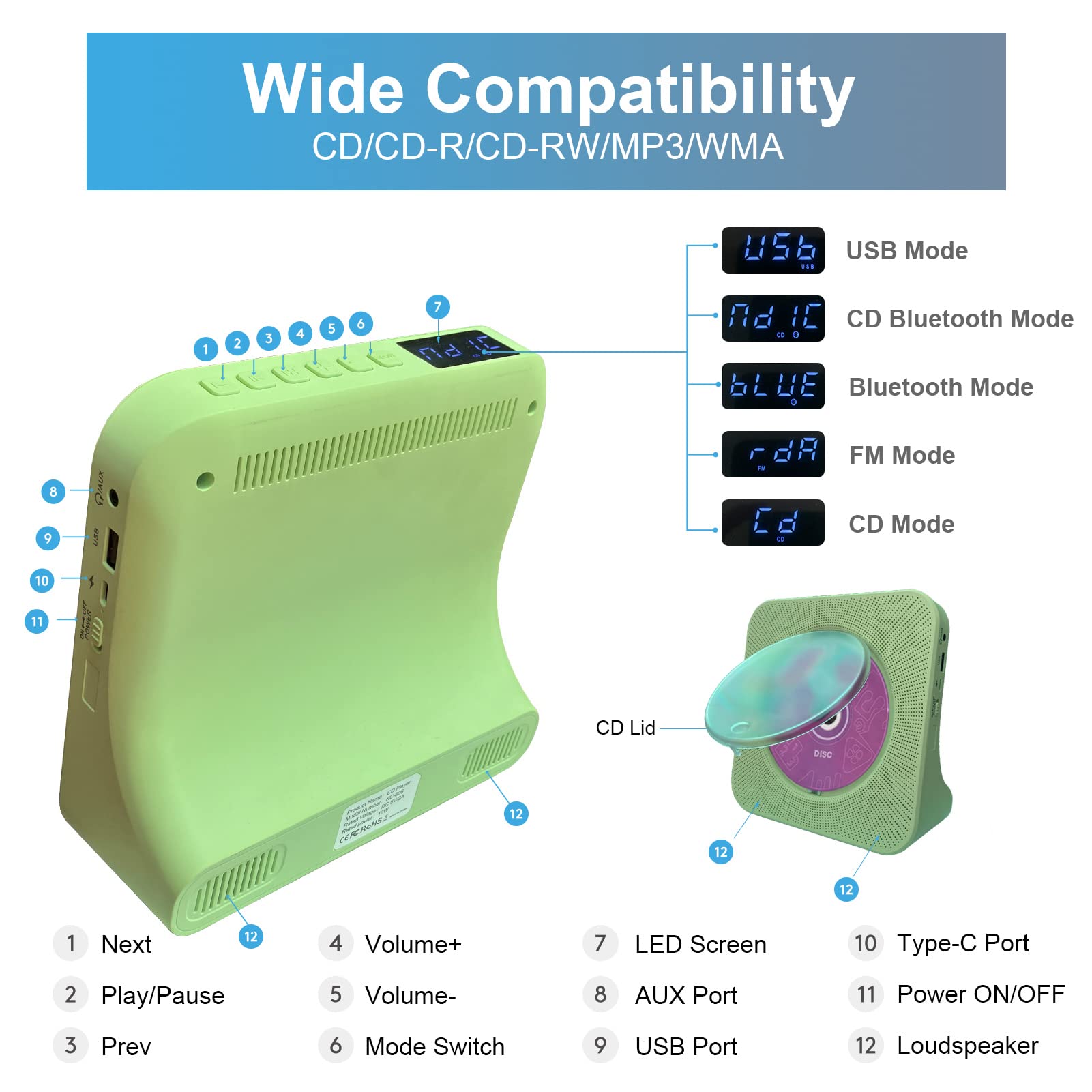 Green Boombox Cd Player For Home, Desktop Cd Player With Speakers, Fm Radio, Remote Control, Bluetooth, Usb And Aux Port, Vertic