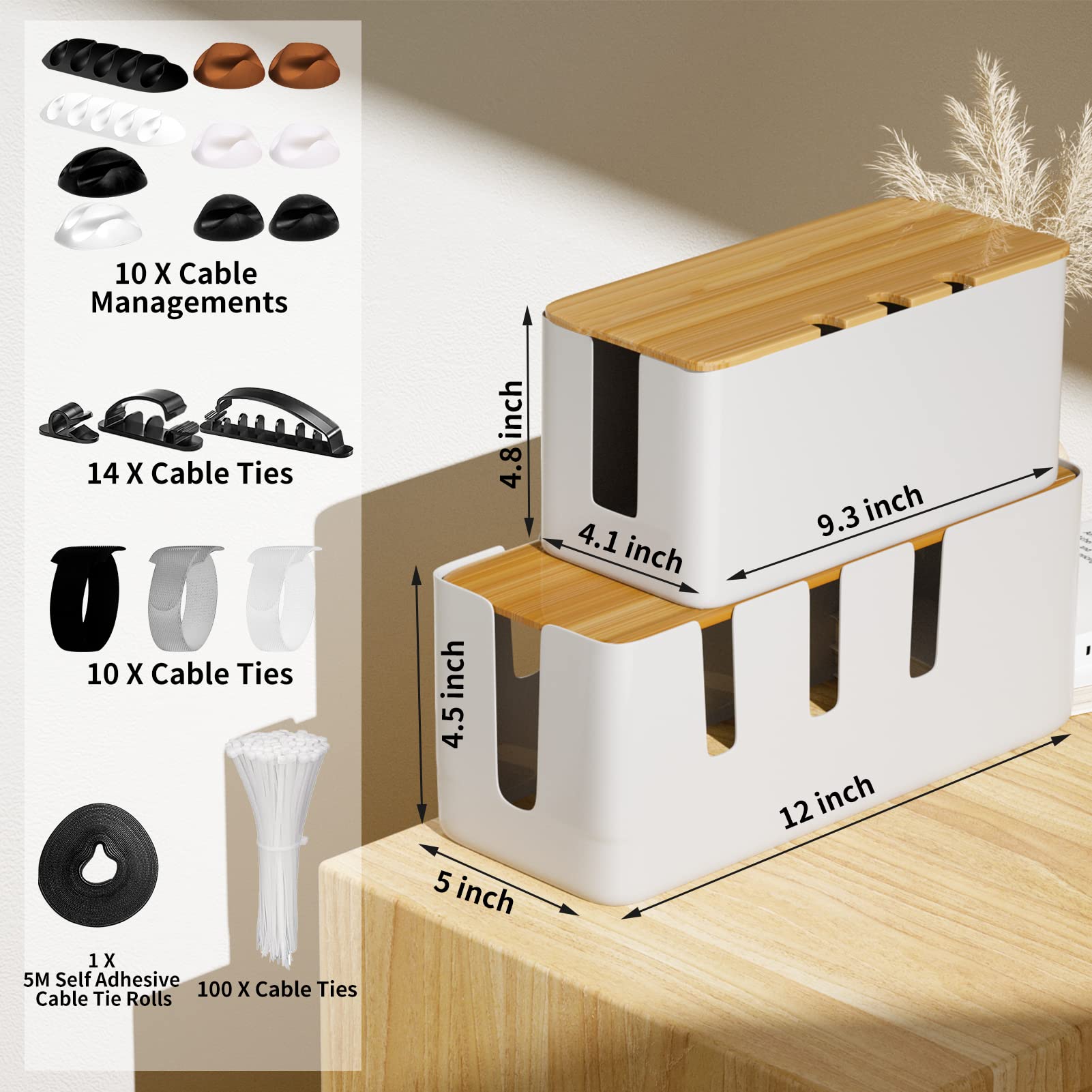 Cable Management Box 2 Pack Cable Organizer Box With 135Pcs Cable Clips Set,Wood Lid,Cord Organizer For Desk,Tv Wires,Computer U