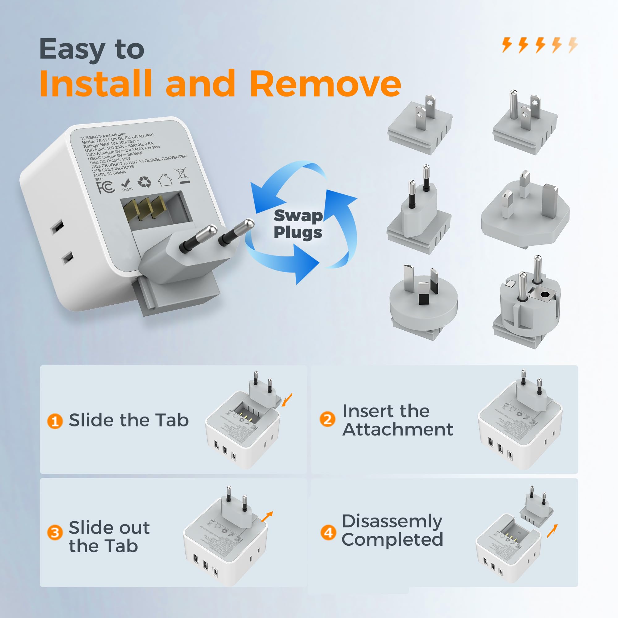 Tessan Universal Travel Adapter Kit, 6 In 1 International Power Adapter With 3 Usb (1 Usb C) And 3 Ac Outlets, Wordwide Adaptor