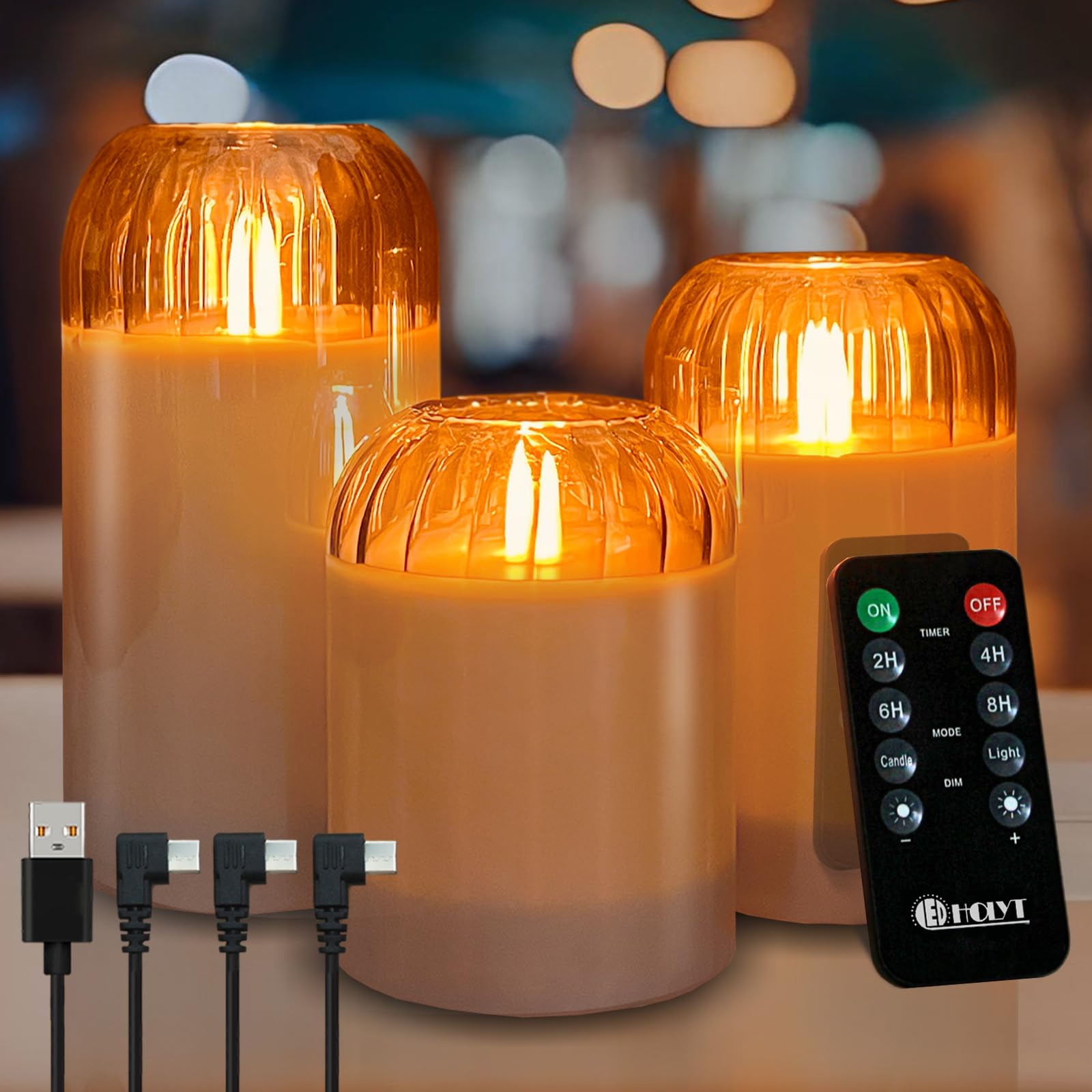 Ledholyt Rechargeable Jar Flameless Candle, Flashing Led Pillar Real Wax Candle With Remote Control And Timer, Black Pumpkin Gla