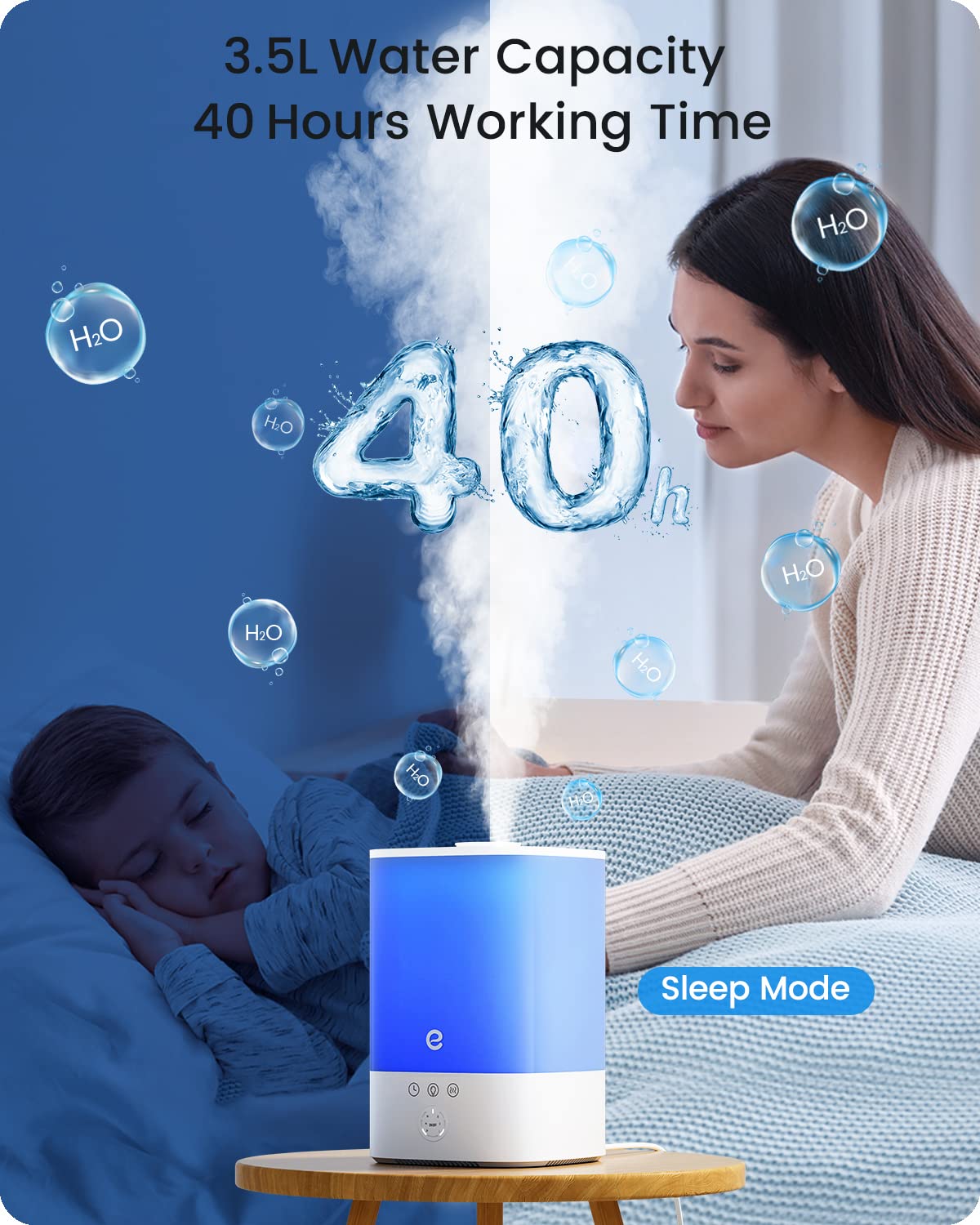 Humidifiers For Bedroom Large Room, Esemoil Smart Wifi Cool Mist Humidifiers For Baby, 3.5L Top Fill & 28Db Quiet, 40H Air Ultra
