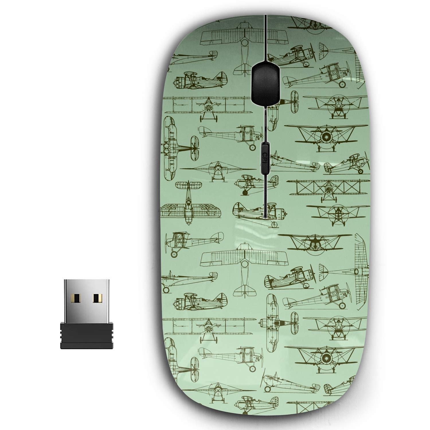 Kawamouse 2.4G Ergonomic Portable Usb Wireless Mouse For Pc, Laptop, Computer, Notebook With Nano Receiver (Retro Old Airplanes)