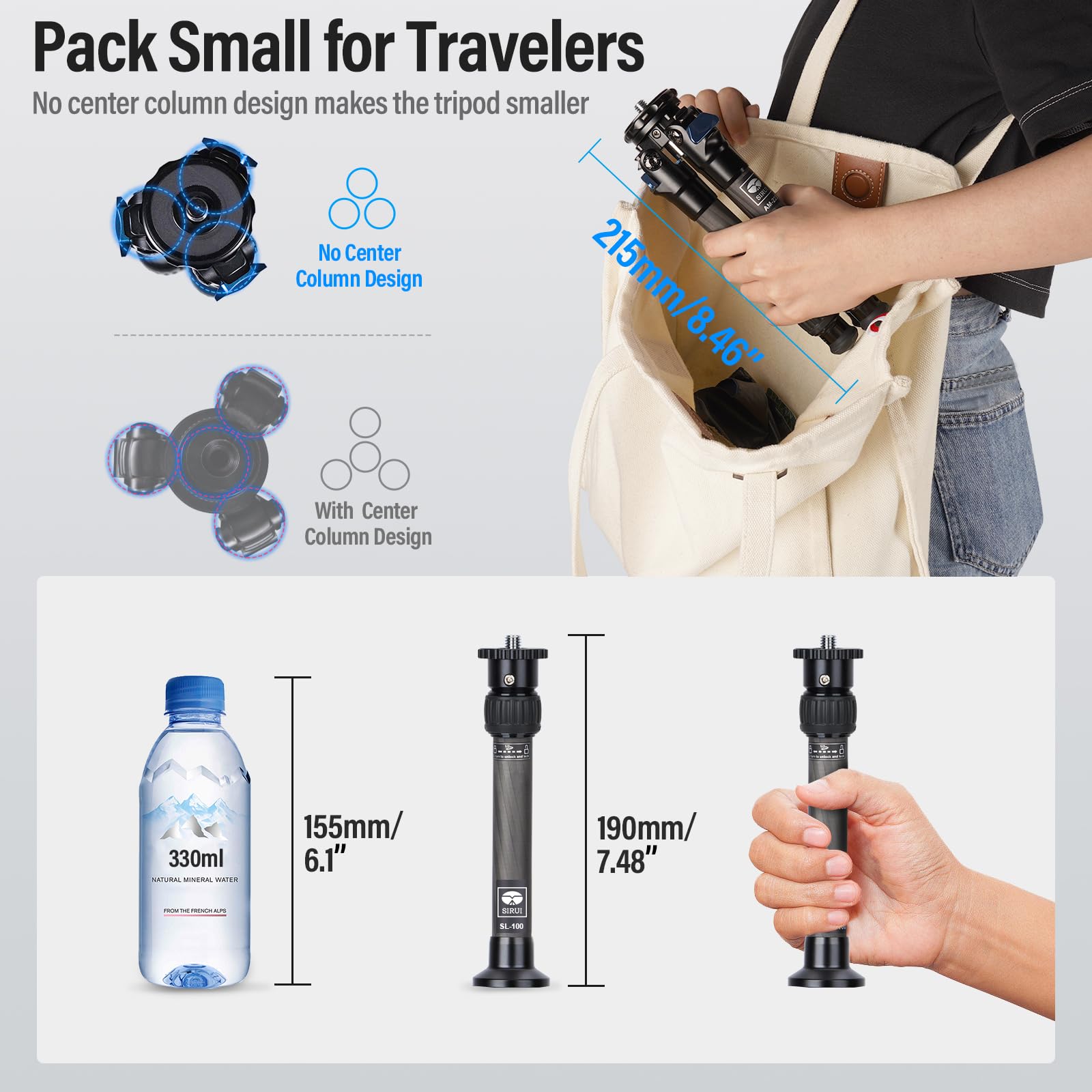 Sirui Lightweight Carbon Fiber Mini Travel Tripod With Two Section Center Column, Max Height 26', Supports 33Lbs (Am 223+Sl 100)
