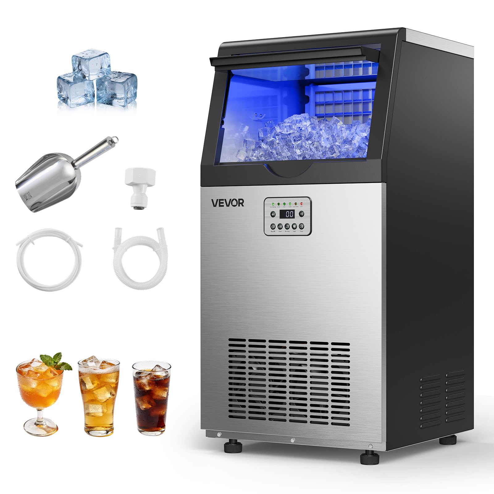 VEVOR Commercial Ice Maker Machine, 100 lbs/24h with 30 lbs Storage Capacity, Built-in/Freestanding/Under Counter, Stainless Ste