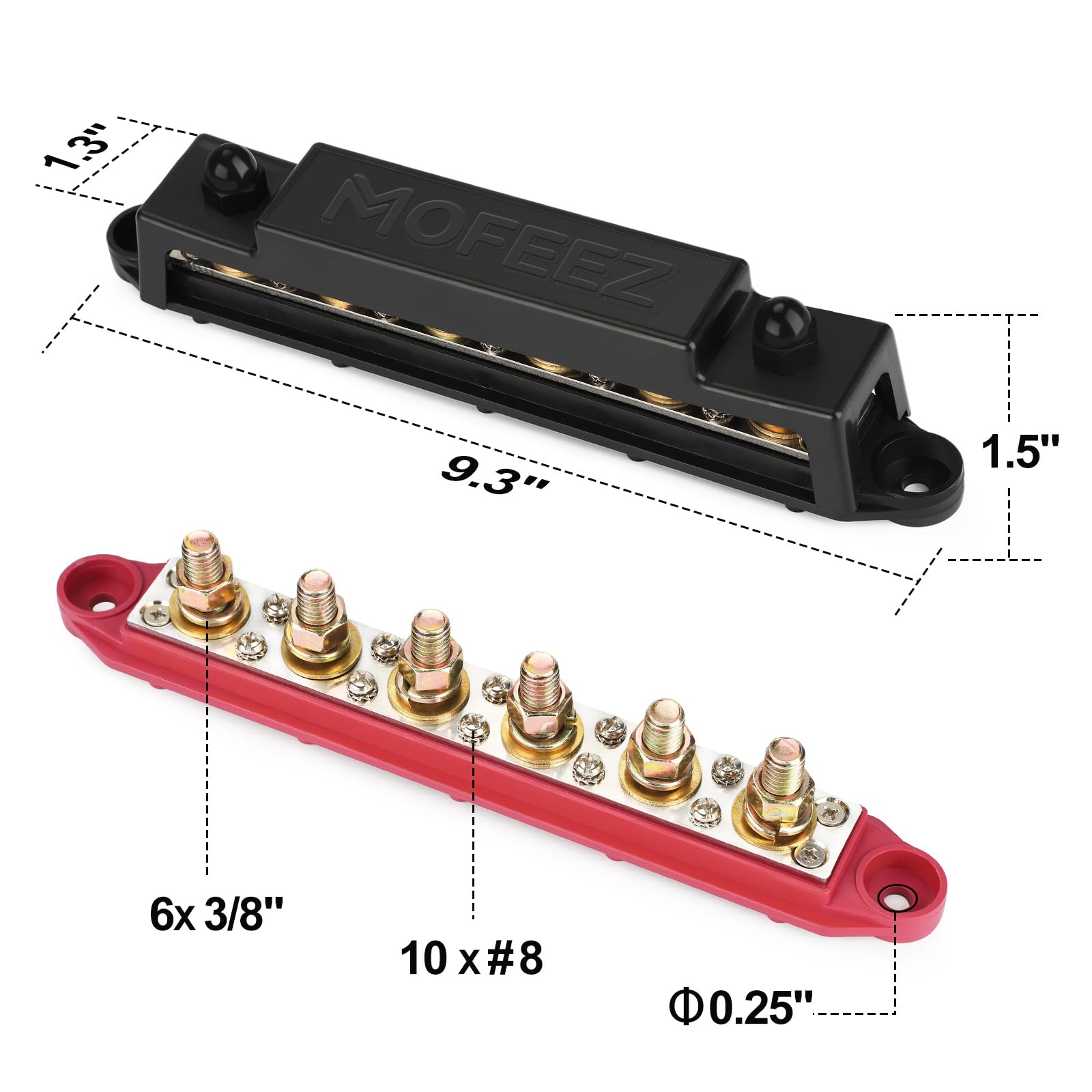 Mofeez Power Distribution Block Bus Bar, 6 X 3/8' Posts, 10 X #8 Screws Terminals, Max 48V 250A (Pair, Red & Black)
