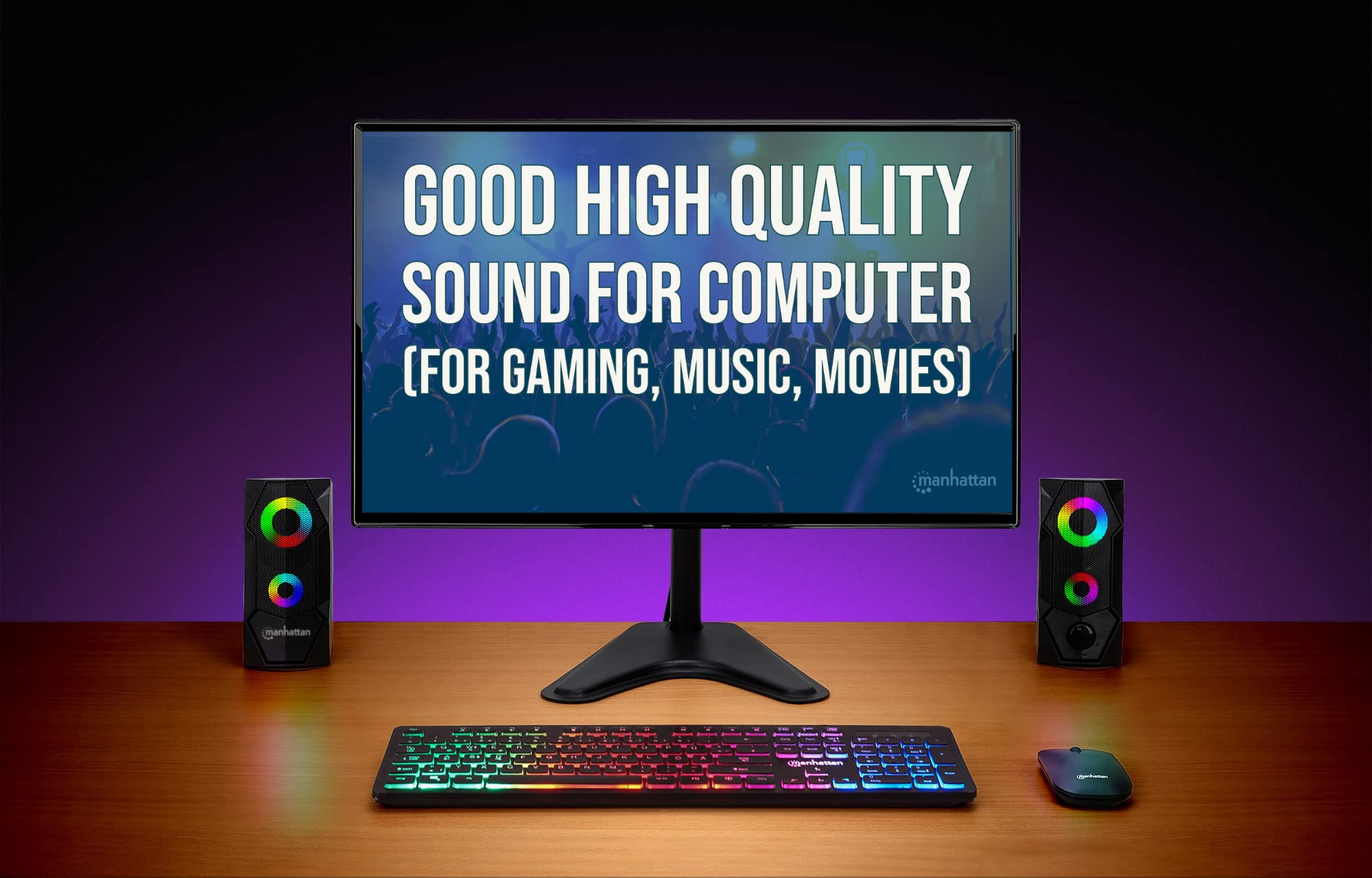 Manhattan Usb Powered Rbg Gaming Speakers - With Stereo Sound, Long 6Ft Cord, Colorful Lights, Volume Control & 3.5 Mm Audio Plu