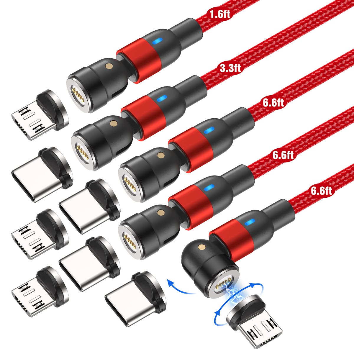 Aufu Fast Charging Magnetic Charging Cable(5Pack 1.6Ft/3.3Ft/6.6Ft/6.6Ft/6.6Ft), Magnetic Charger Cable Usb C Magnetic Fast Charger 3A Fast Charging Data Transfer Magnetic Cable (Red)