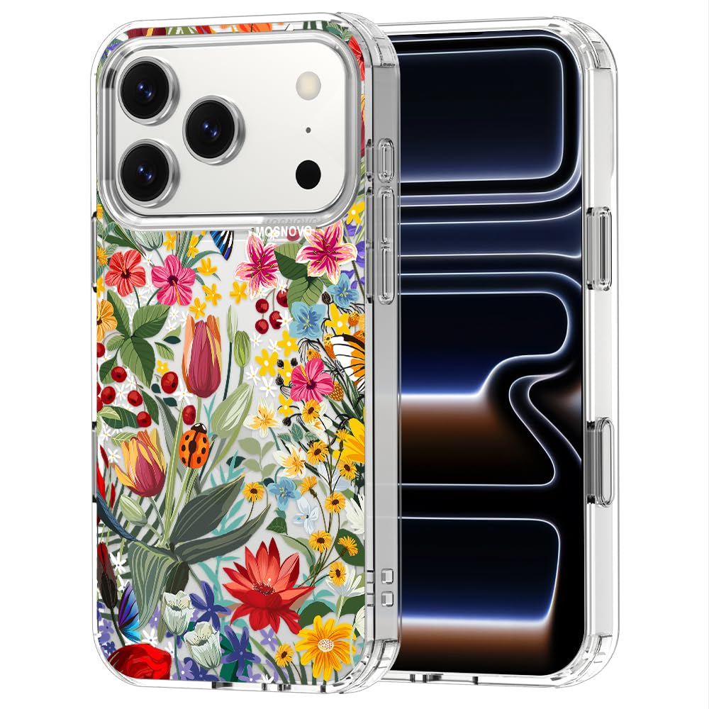MOSNOVO for iPhone 17 Pro Case | Military Grade 6.6ft Drop Tested | Camera Control | Clear with in The Garden Design