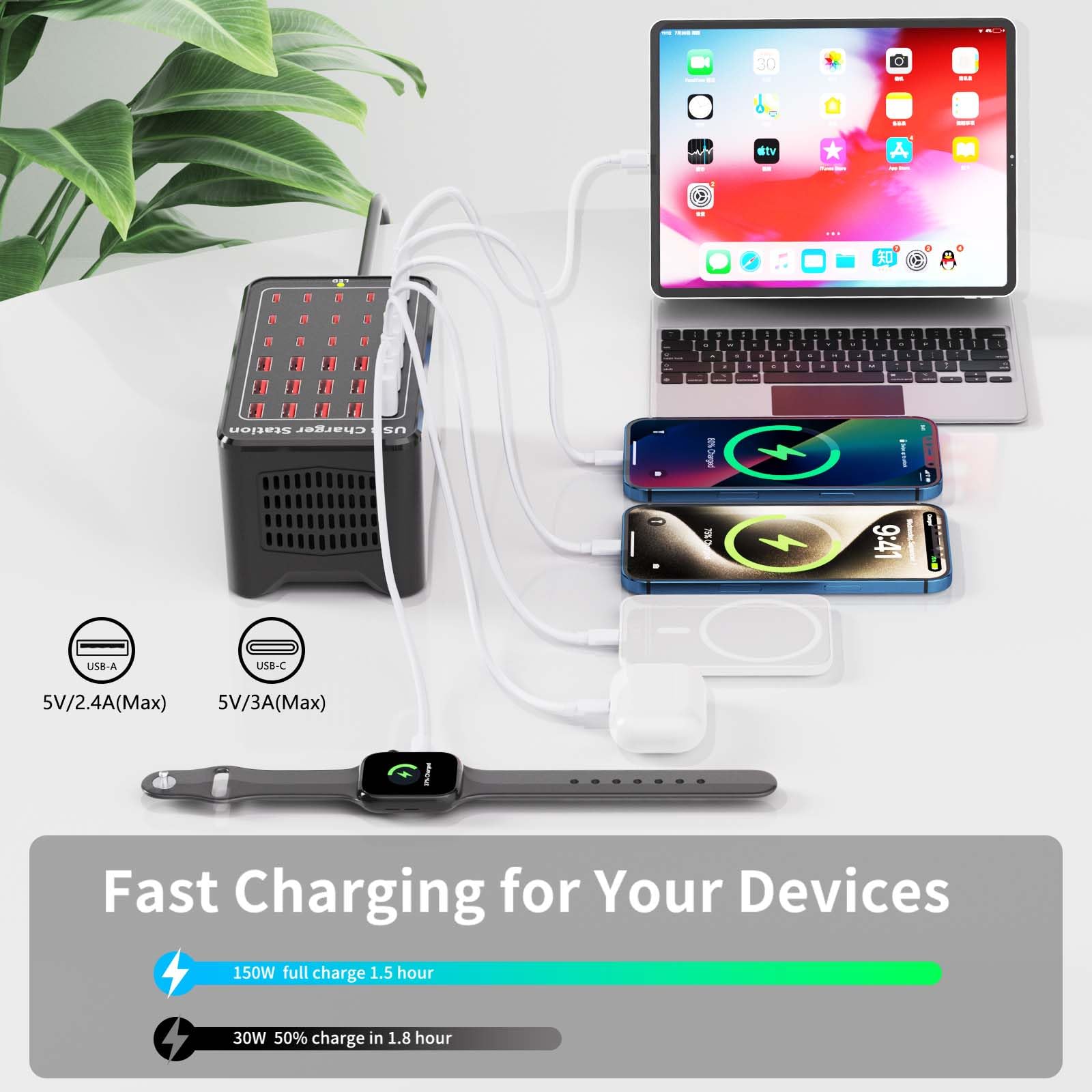 150W(30A) Usb Charging Station, 30-Port Usb C Charger Block, Multiple Desktop/Wall Fast Charger With Intelligent Protection Comp