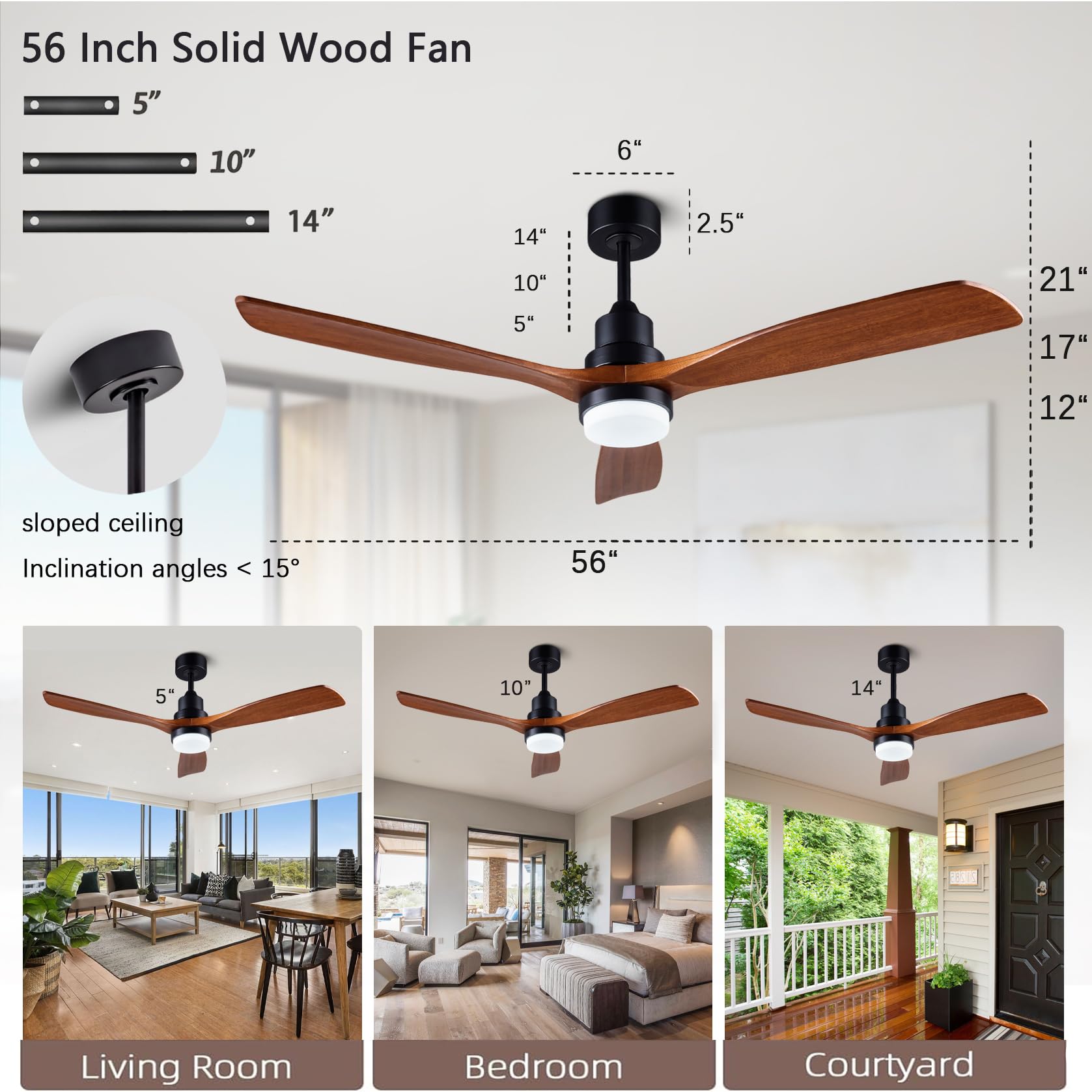 Dearnow 56'' Wooden Ceiling Fans With Lighted Remote Control, Indoor Outdoor Wooden Ceiling Fan, Outdoor Modern Ceiling Fan With