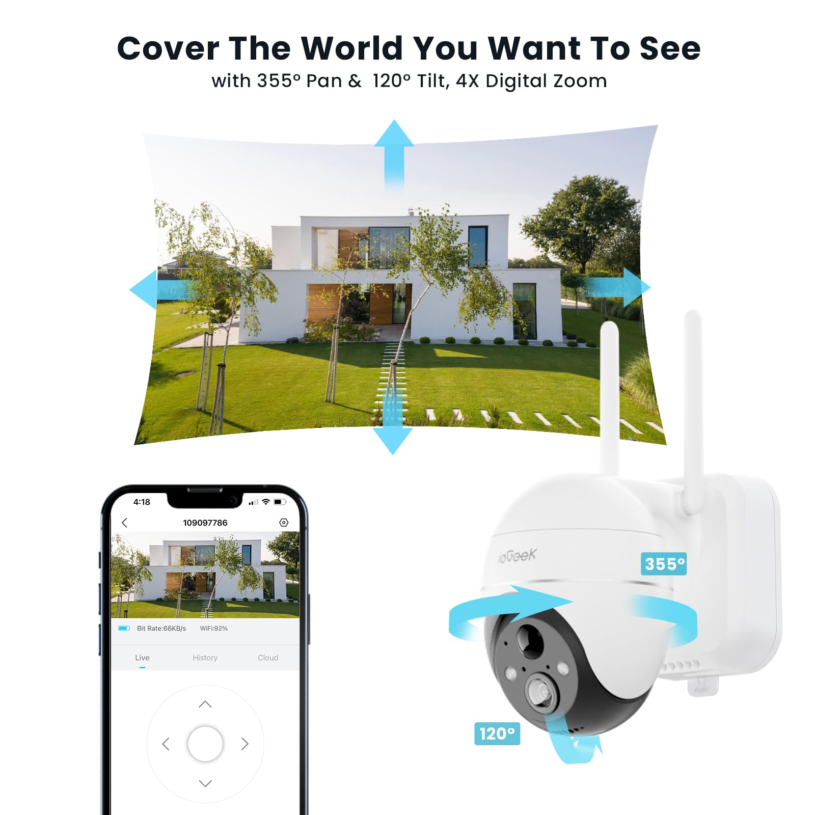 Iegeek 5Mp Security Cameras Wireless Outside, Solar Camera Outdoor Wireless Wifi 360� Ptz Battery Powered With Spotlight & Siren/Motion Detection/Color Night Vision/2 Way Audio/Ip65, Works With Alexa