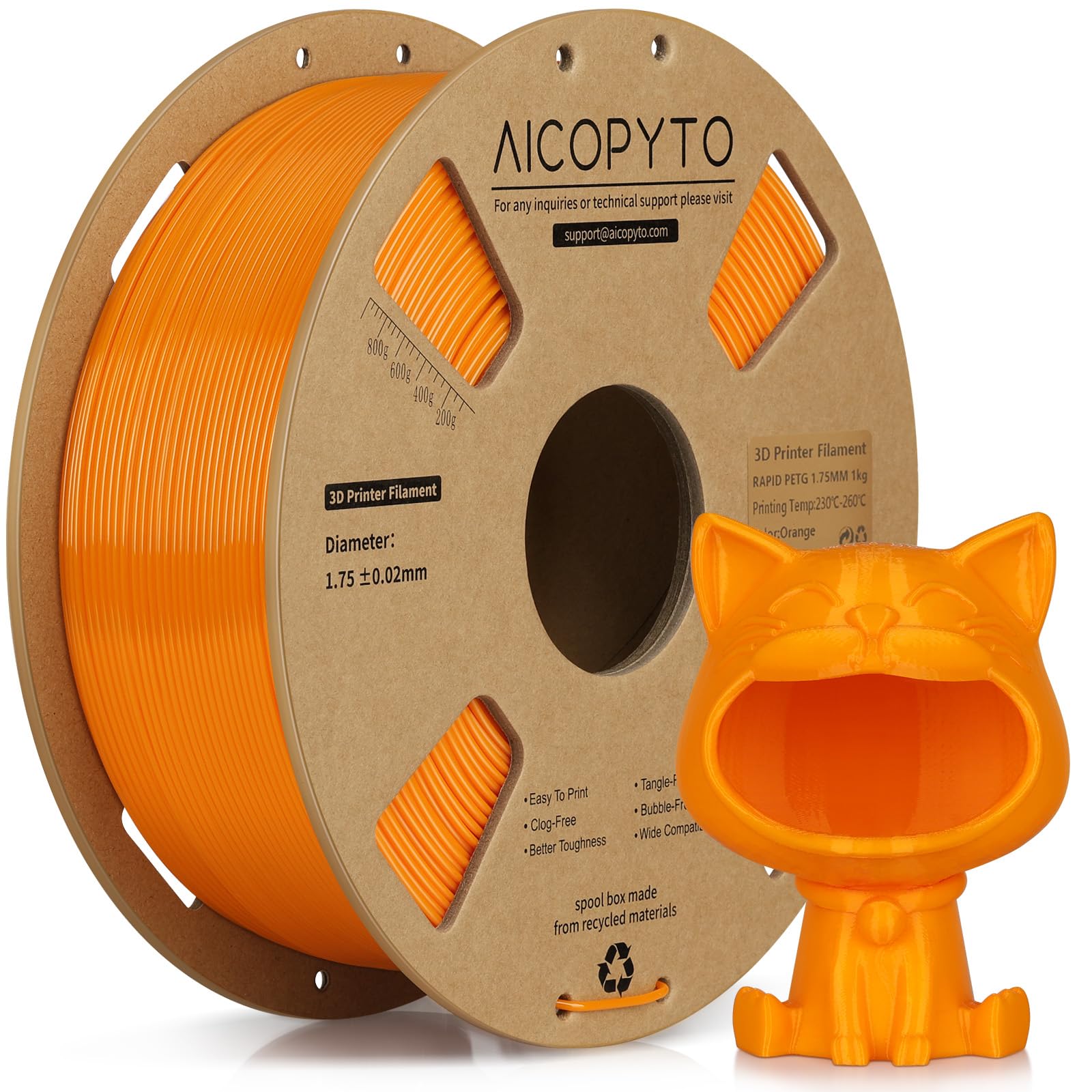 AICOPYTO PETG Filament 1KG Orange, High Speed 30-600mm/s 3D Printer Filament Rapid PETG 1.75mm Dimensional Accuracy +/- 0.02mm, 