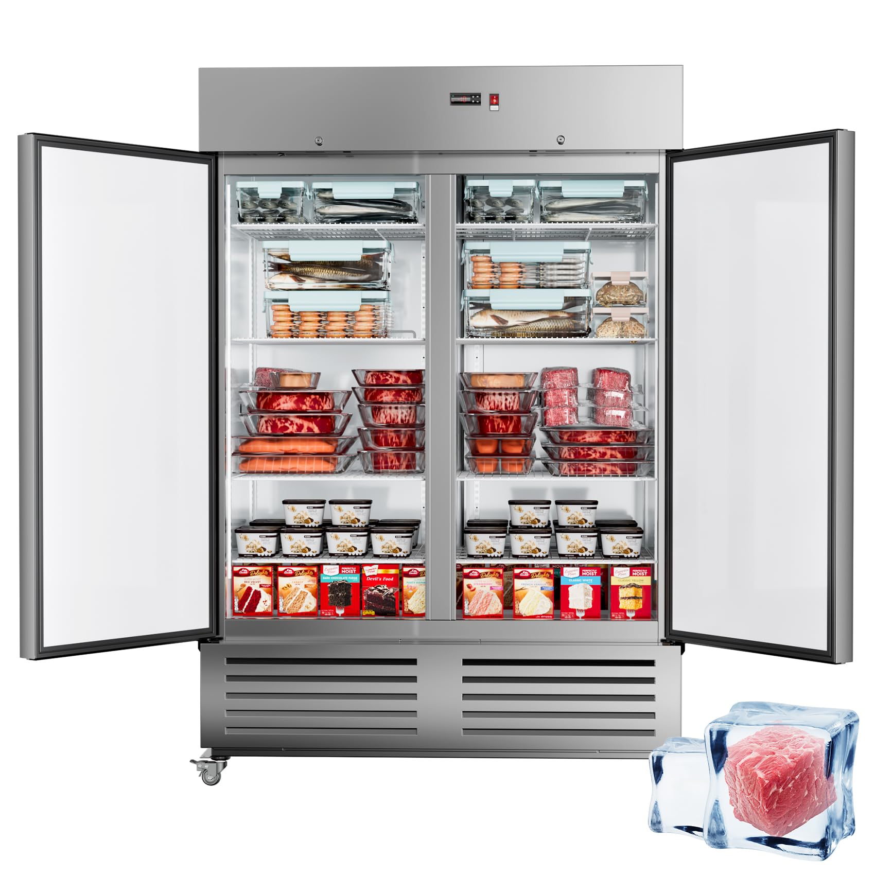 54W 2 Door Commercial Freezer with LED Light, Stainless Steel Fan Cooling 49 Cu.ft Upright Freezer for Restaurant Bar Shop -8? ~
