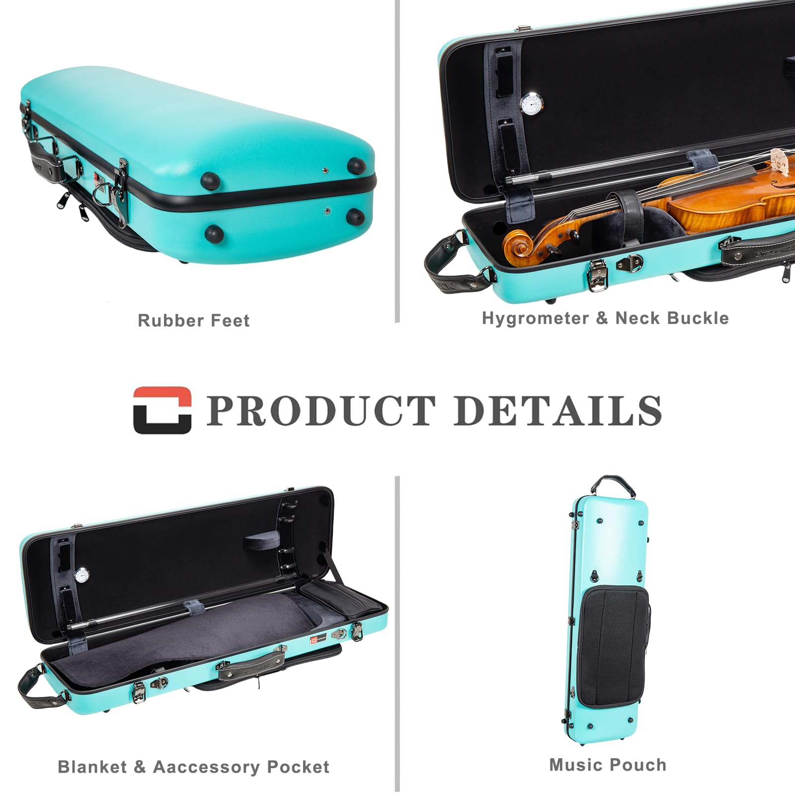 Crossrock Poly Carbon Oblong Violin Case For 4/4 Full-Size | Matte Mint Blue Finish, Hygrometer, Music Pouch, Accessory Storage