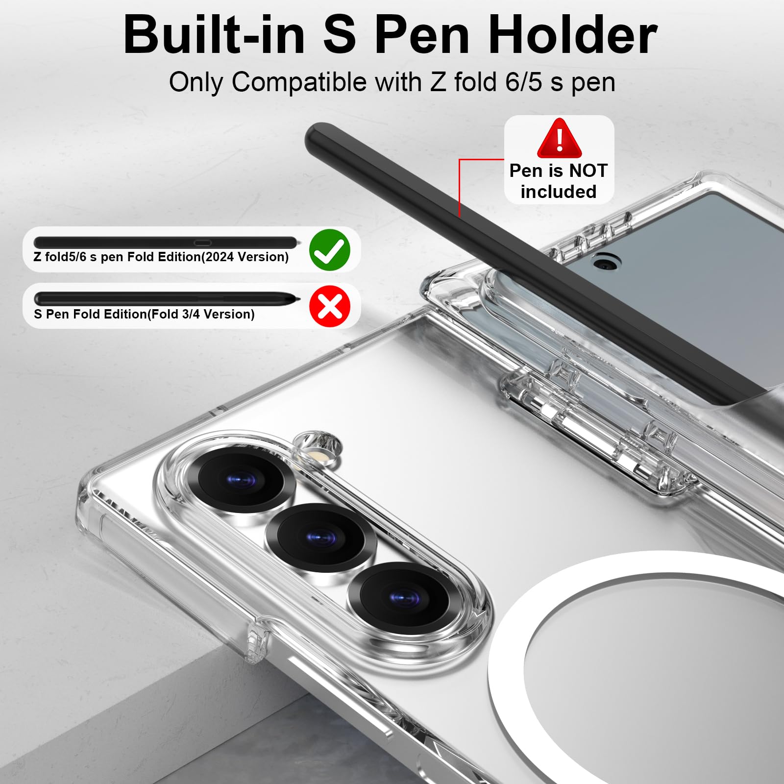 Dakorie For Samsung Z Fold 6 Case Clear Magsafe With Hinge Protection Built-In S Pen Holder & Hd Glass Screen Protector Shockpro