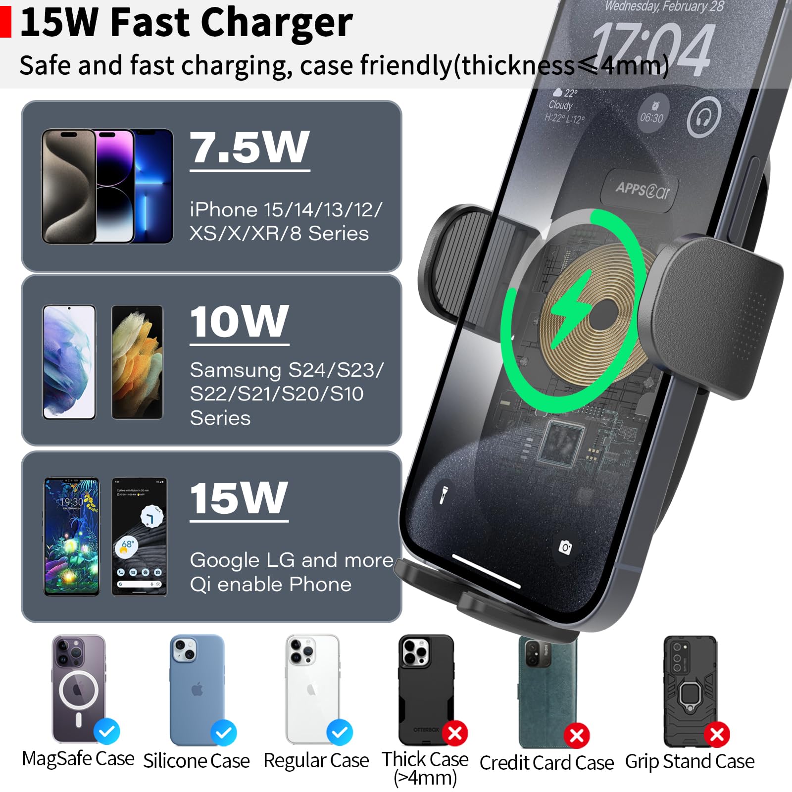 Apps2Car Sturdy Cd Slot Phone Mount Upgraded Wireless Charger 15W With One Hand Operation Design, Hands-Free Car Phone Holder Co