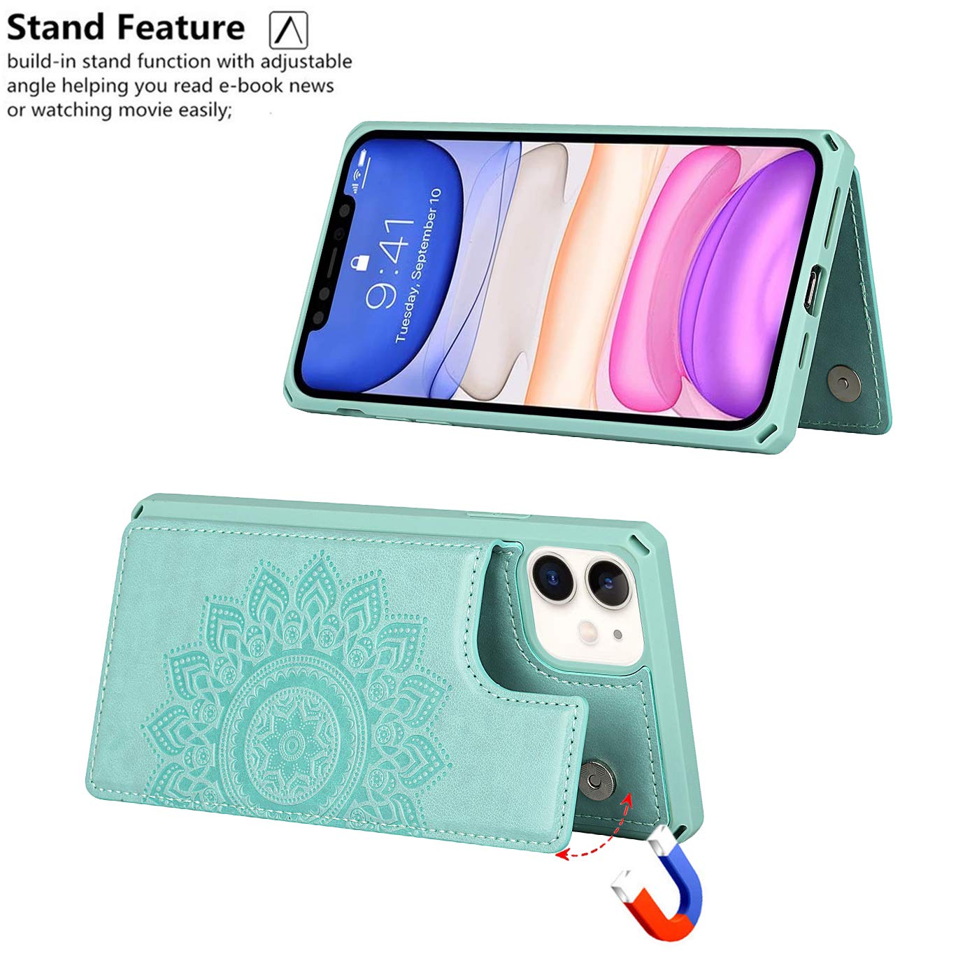 Cavor For Iphone 11 Embossed Mandala Pattern Flower Pu Leather Wallet Case With Card Holder Shockproof Cover   Green