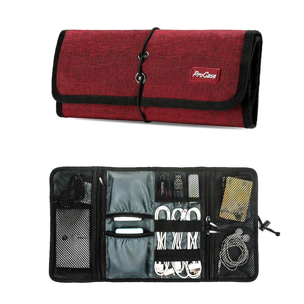 Procase Electronic Organizer Cord Pouch, Travel Cable Charger Phone Accessories Bag Organizer Roll Up Tech Carrying Case For Usb Cables Sd Memory Cards Earphone Flash Hard Drive  Red